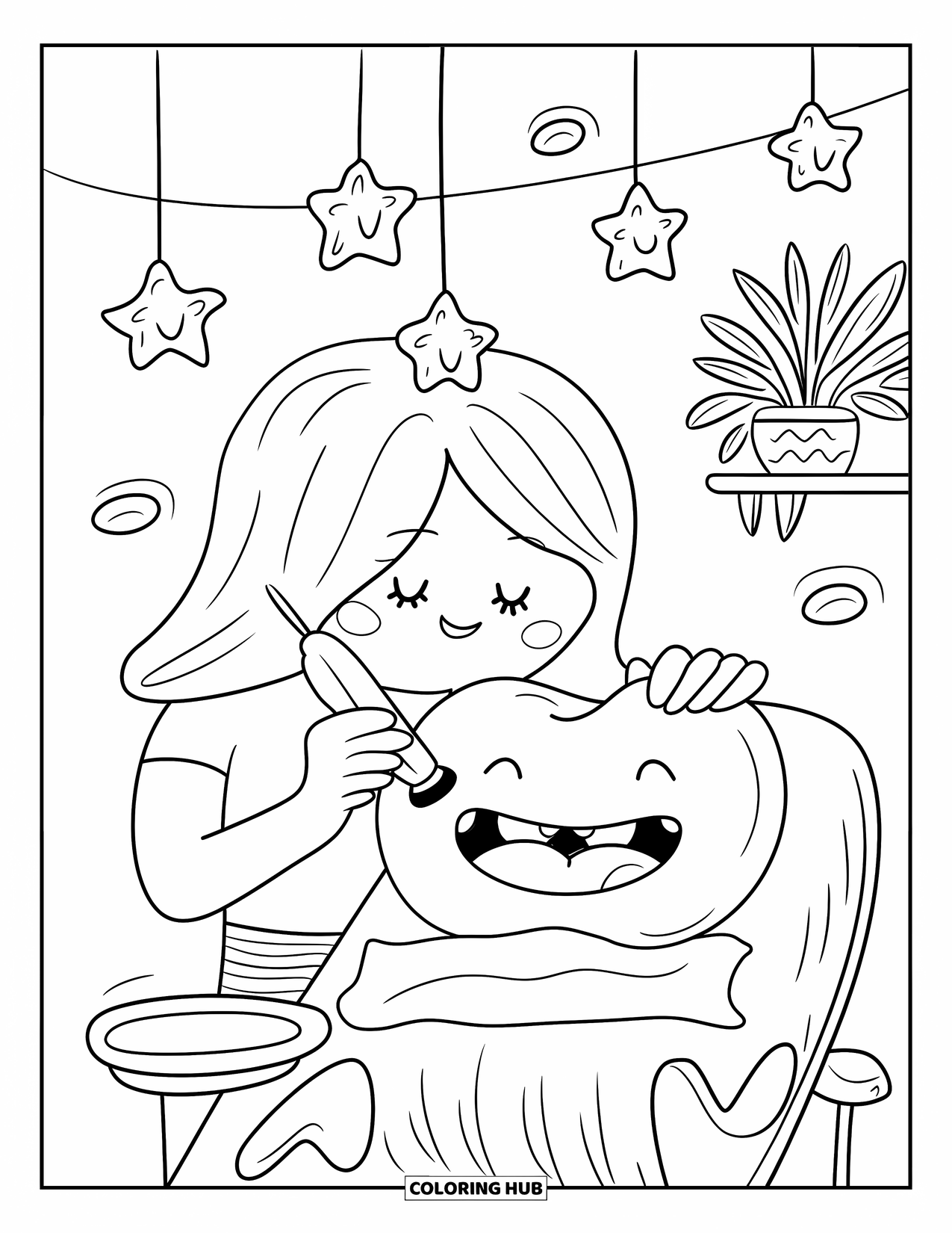 Dentist Coloring Page for Adults: A cheerful molar is polished under star-shaped lights in a cozy, plant-filled room