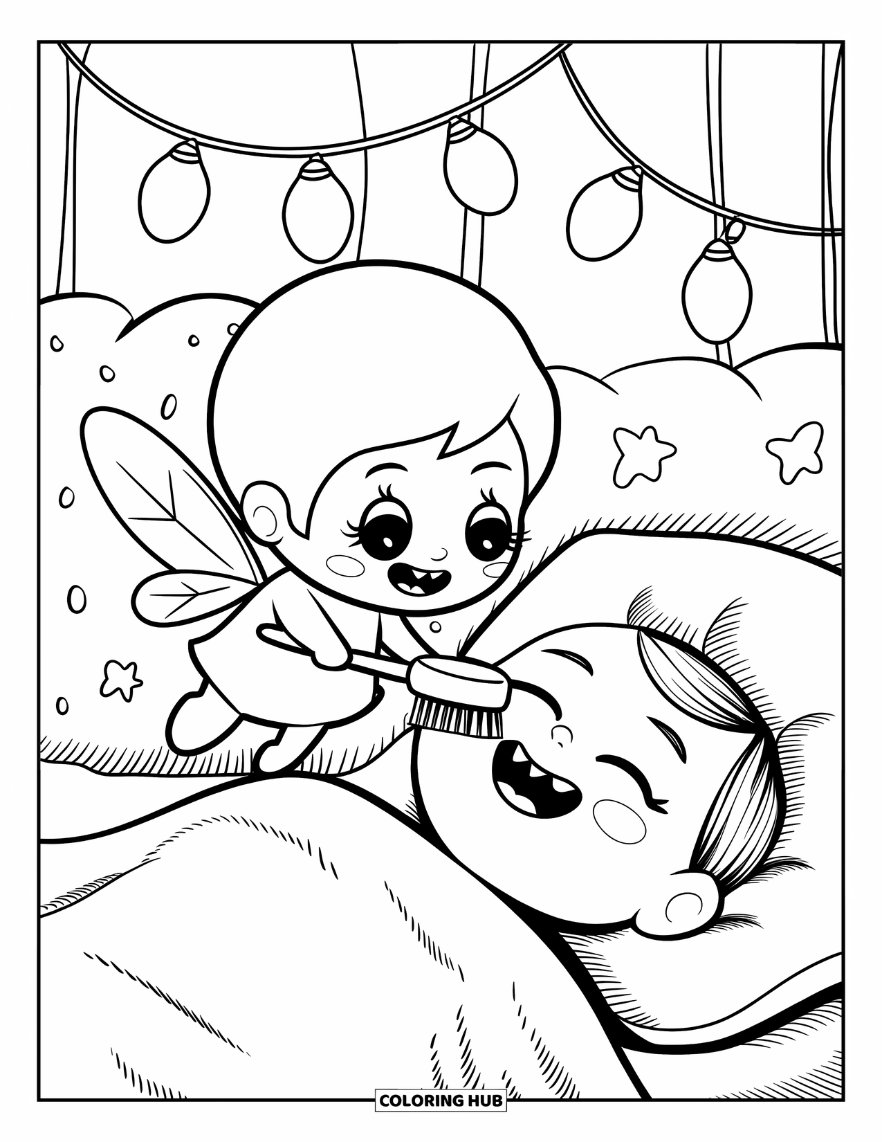Dentist Coloring Page for Adults: A cheerful tooth fairy brushes a sleeping child's teeth under twinkling lights