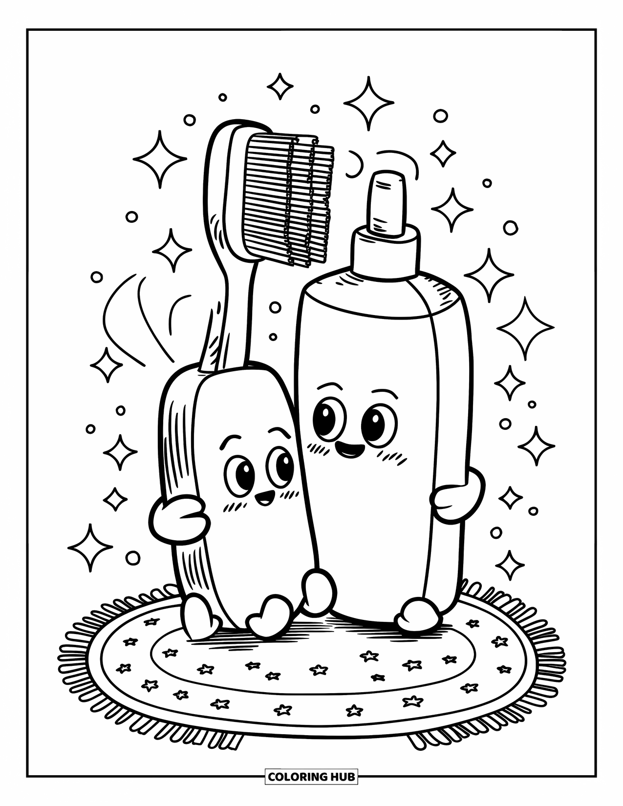 Dentist Coloring Page for Adults: A cheerful toothbrush hugs a smiling toothpaste tube on a starry rug