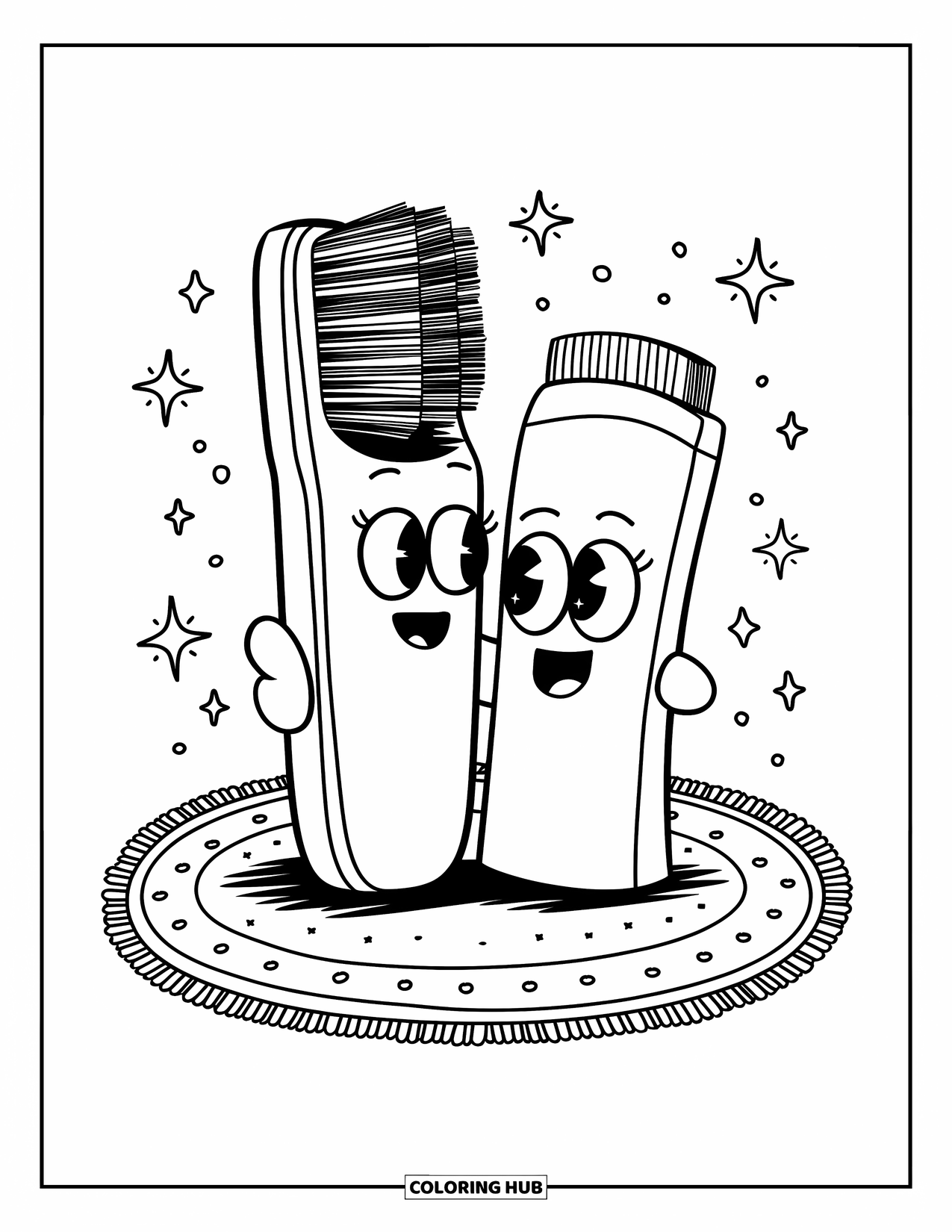 Dentist Coloring Page for Adults: A cute toothbrush hugs a smiling toothpaste tube as stars twinkle around them