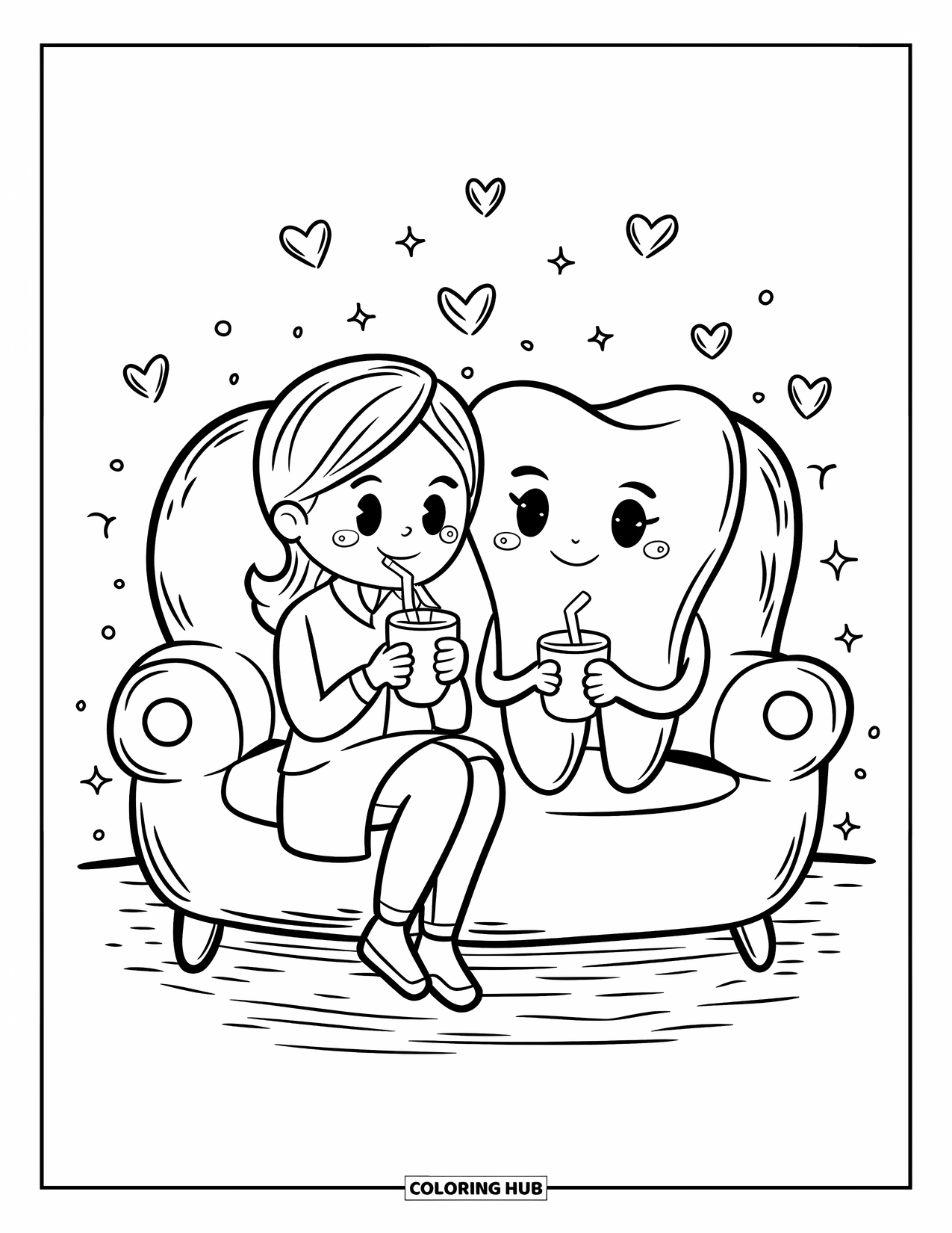 Dentist Coloring Page for Adults: A dentist and happy tooth share warm drinks together on a plush sofa