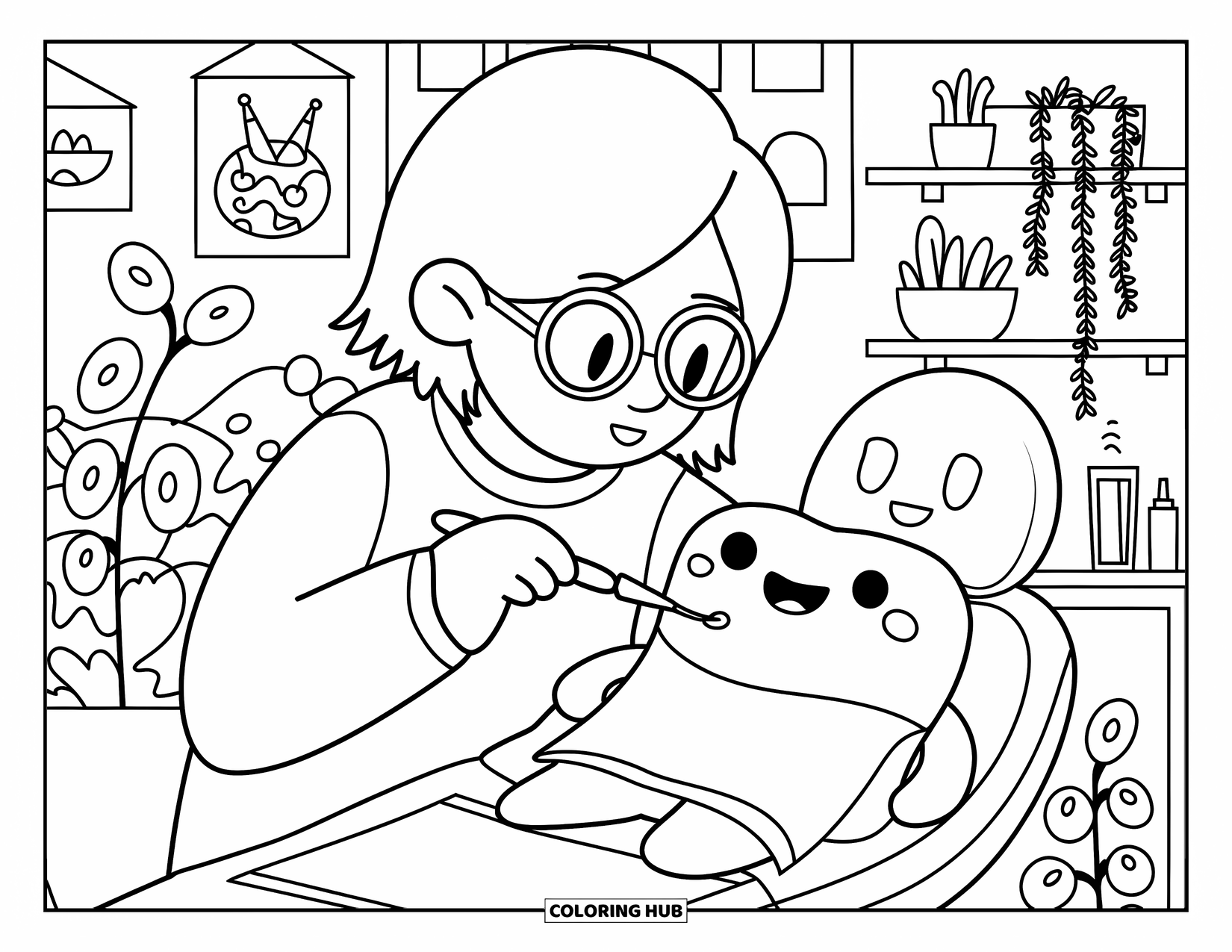 Dentist Coloring Page for Adults: A gentle dentist with glasses brushes a happy tooth in a room full of cozy decor