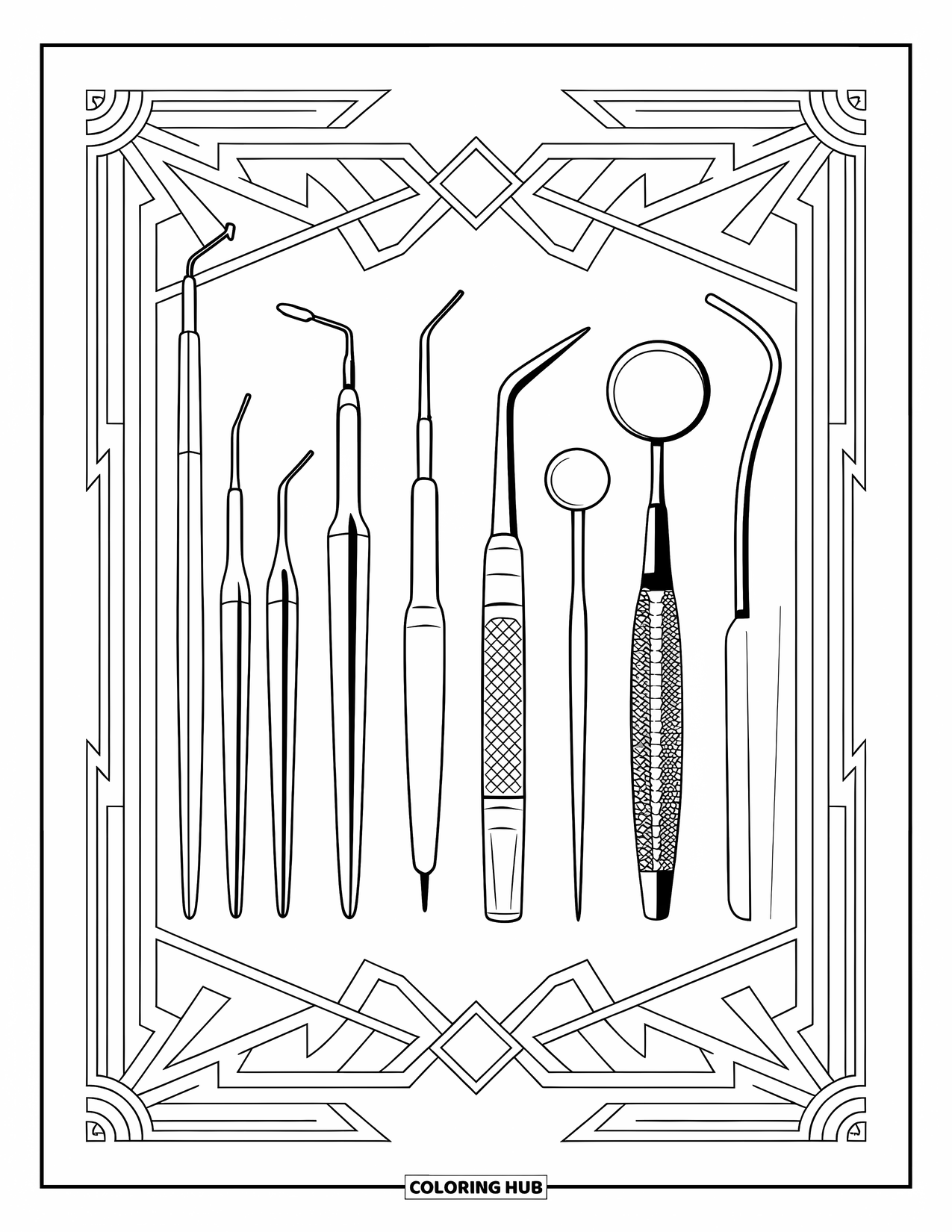 Dentist Coloring Page for Adults: A group of dental tools rests among decorative geometric designs