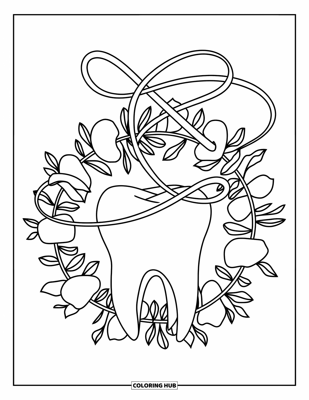 Dentist Coloring Page for Adults: A molar sits in a flower wreath with a knotted floss ribbon curling through it