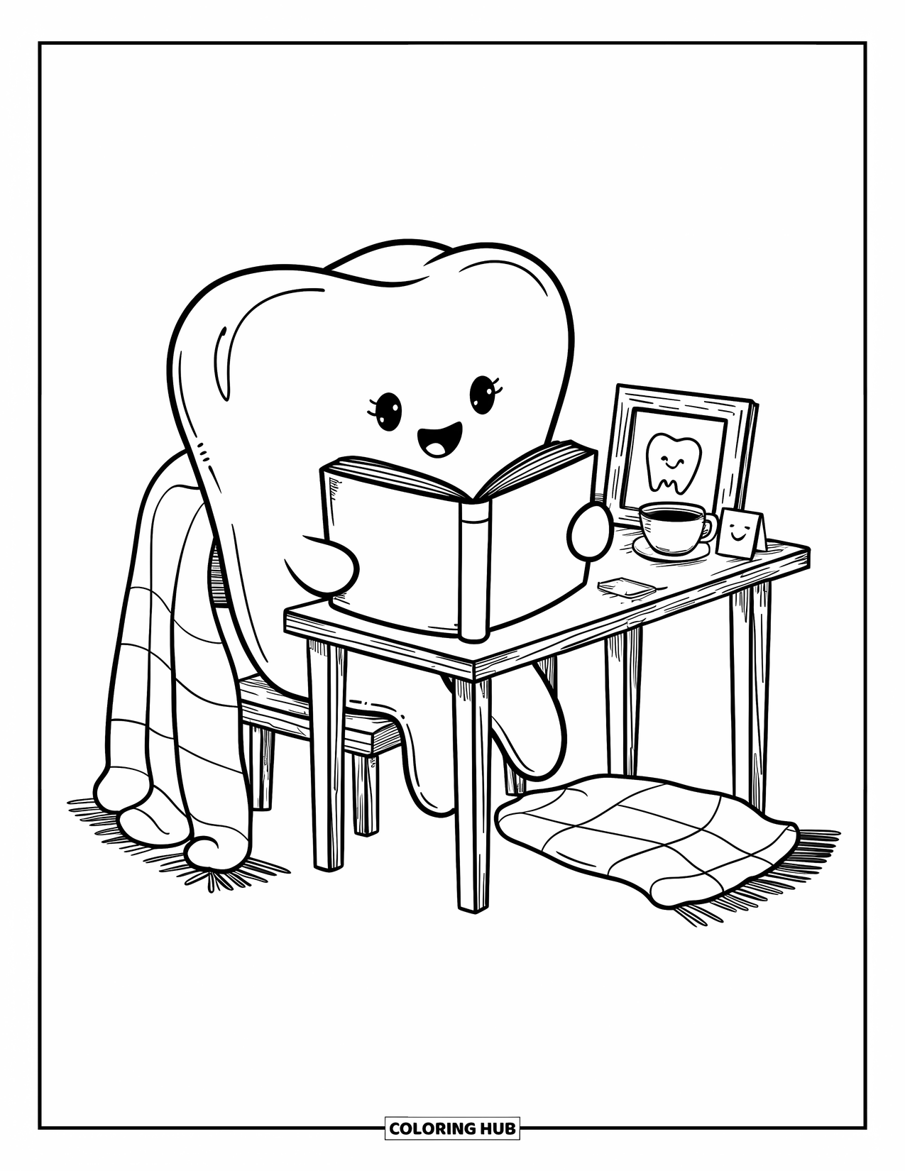 Dentist Coloring Page for Adults: A molar with glasses reads quietly at a desk, surrounded by comfort and calm