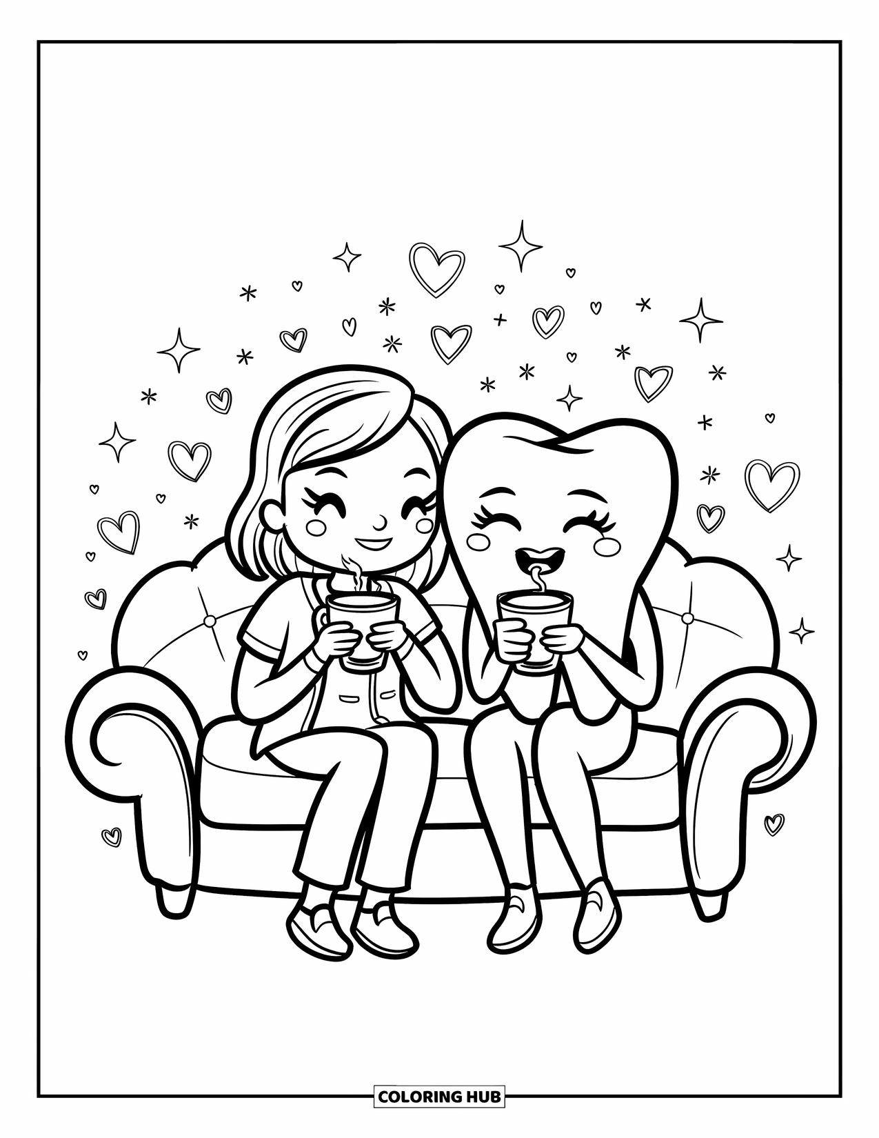 Dentist Coloring Page for Adults: A smiling dentist and tooth enjoy warm drinks with hearts and sparkles around them