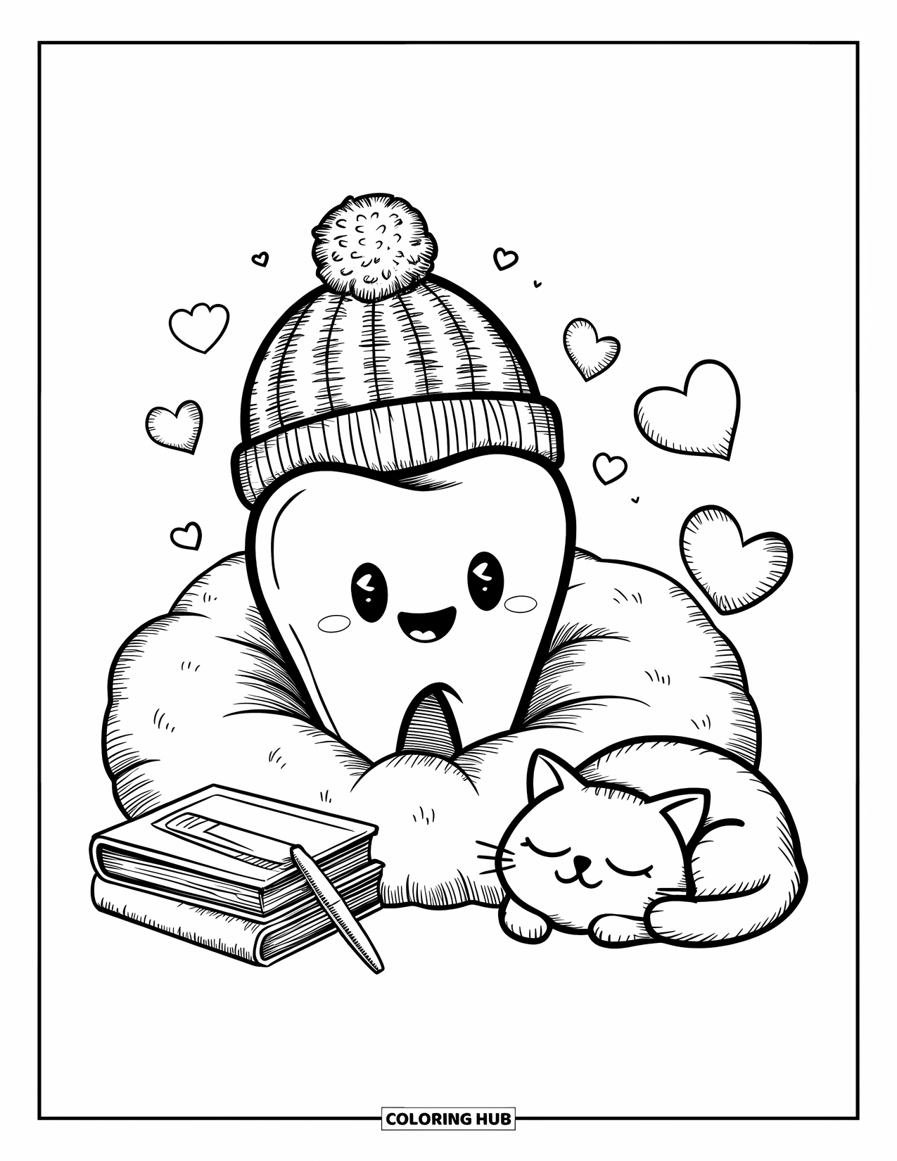 Dentist Coloring Page for Adults: A sweet tooth character relaxes near dental books with a snoozing cat nearby