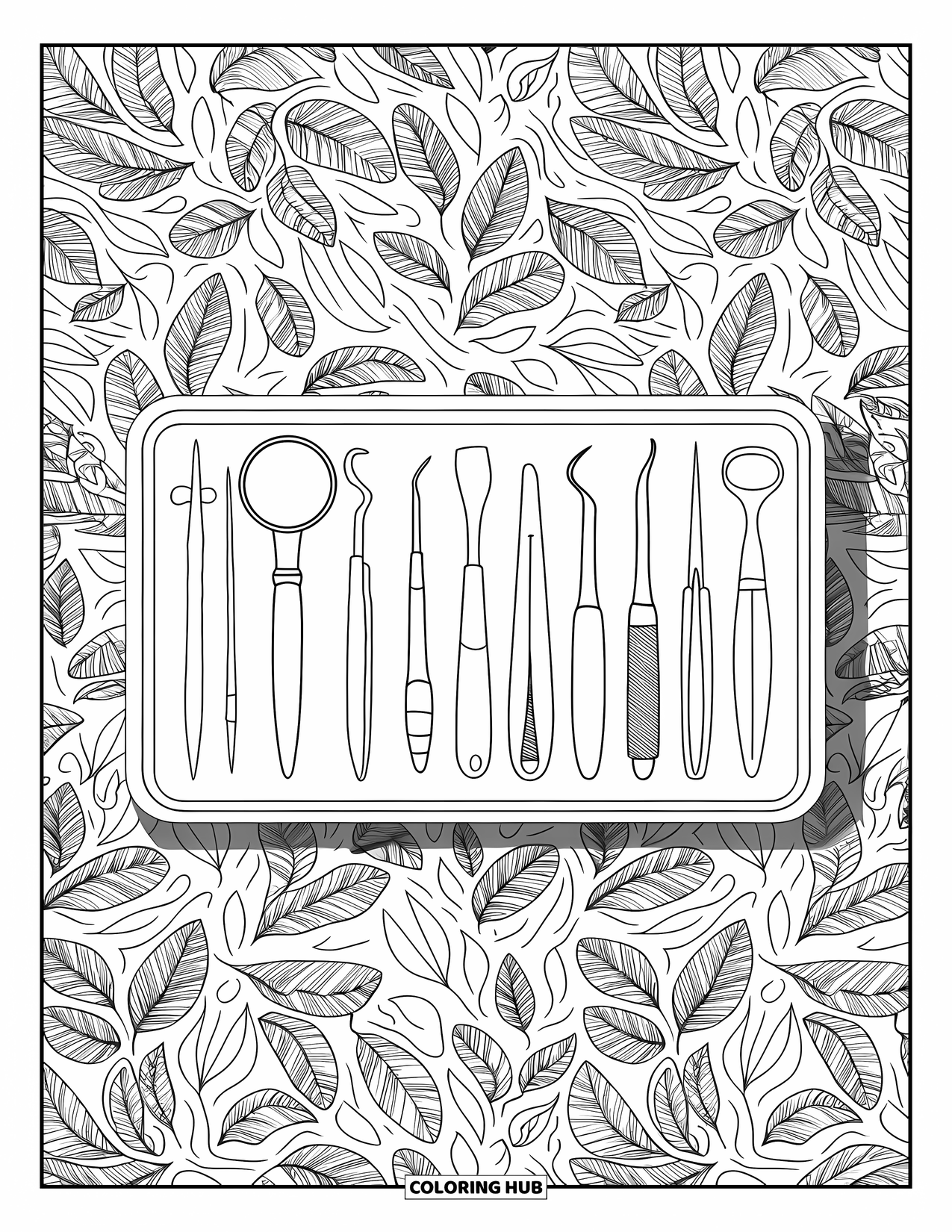 Dentist Coloring Page for Adults: A tray of dental tools sits on a patterned bed of small leaves