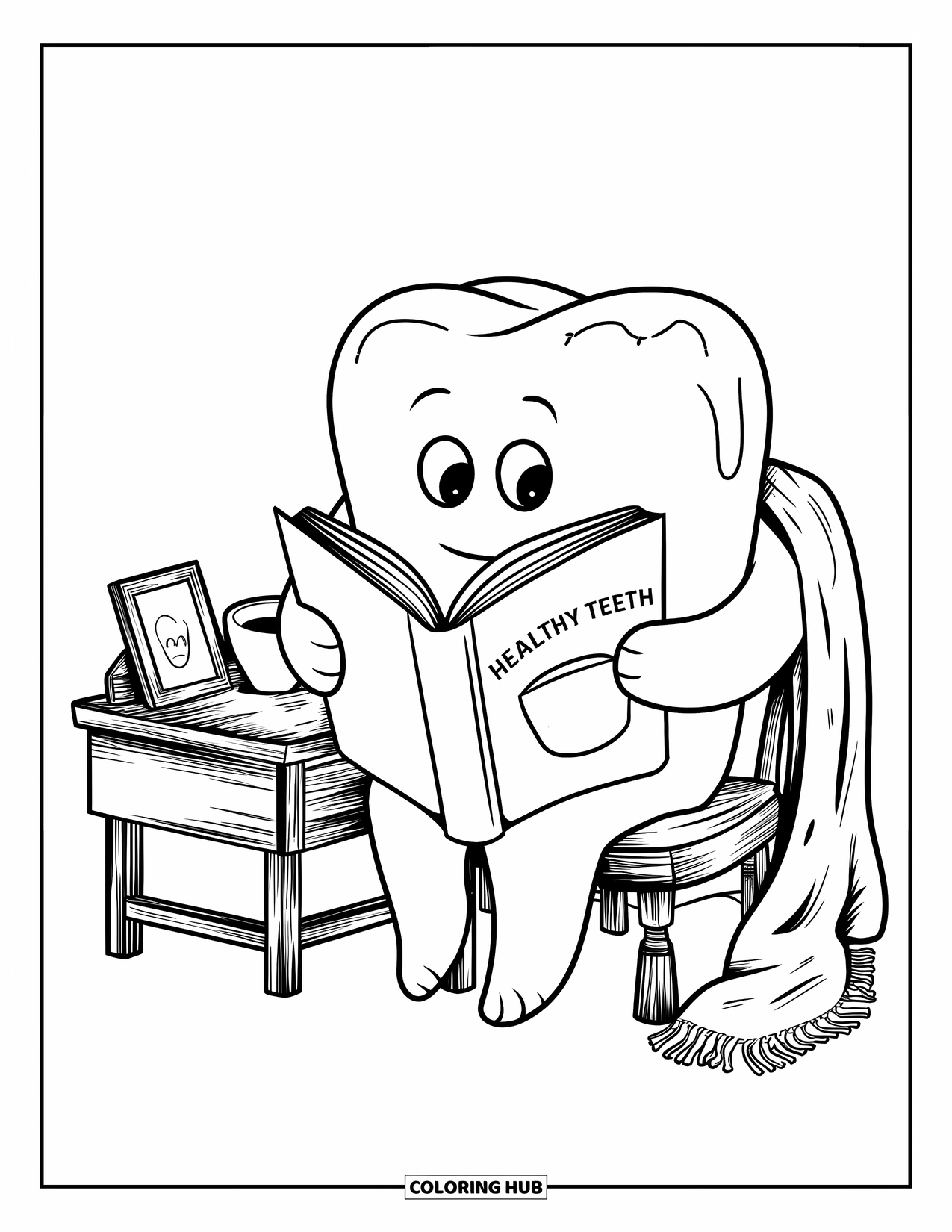 Dentist Coloring Page for Adults: An adorable molar reads about teeth at a desk with tea and a soft blanket