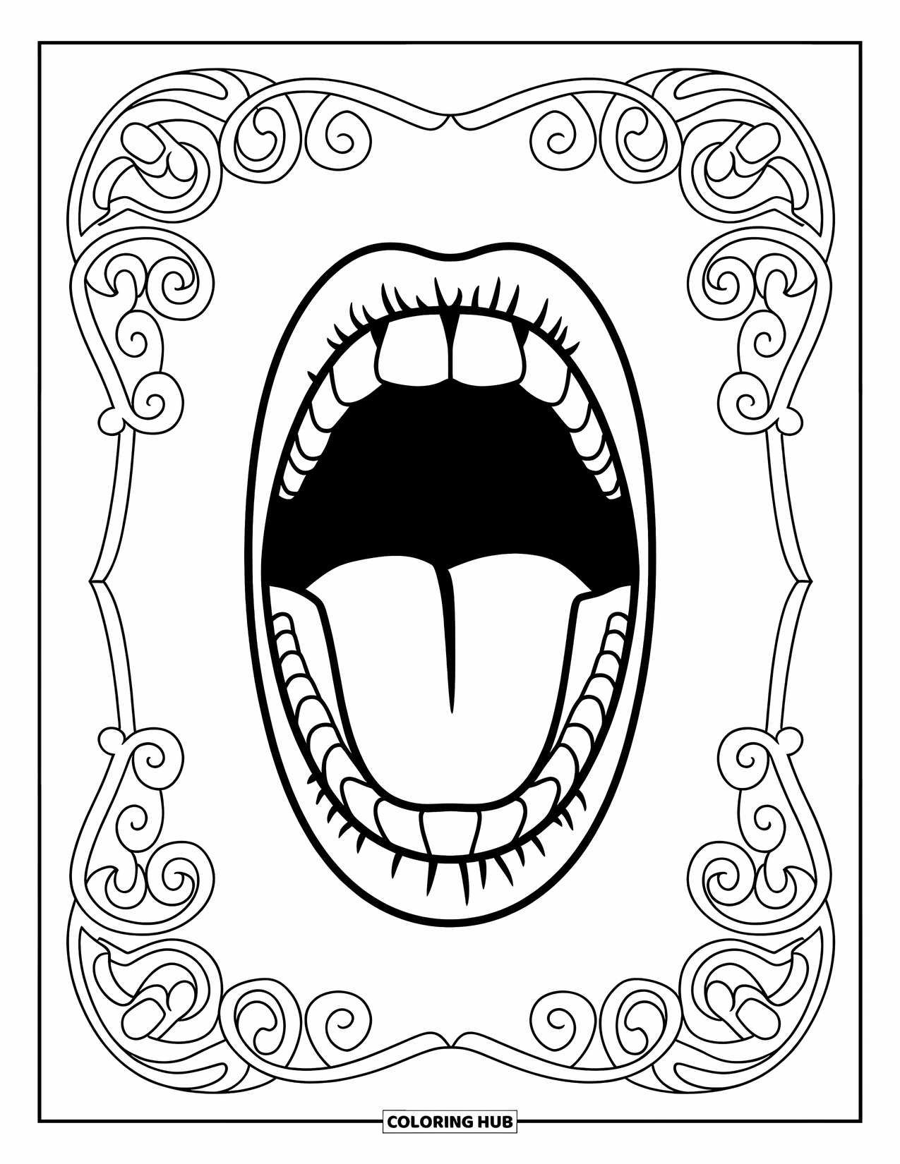 Dentist Coloring Page for Adults: An open mouth with detailed teeth rests in the center, wrapped in fancy swirls