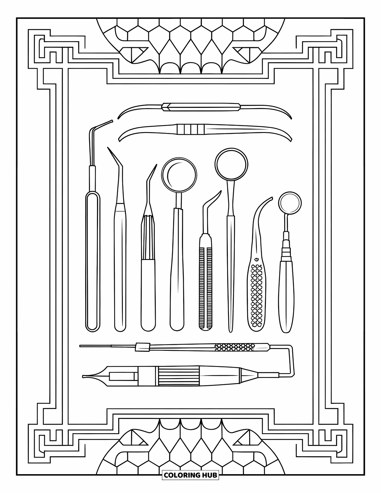 Dentist Coloring Page for Adults: Dental tools are arranged neatly and framed by elegant geometric shapes