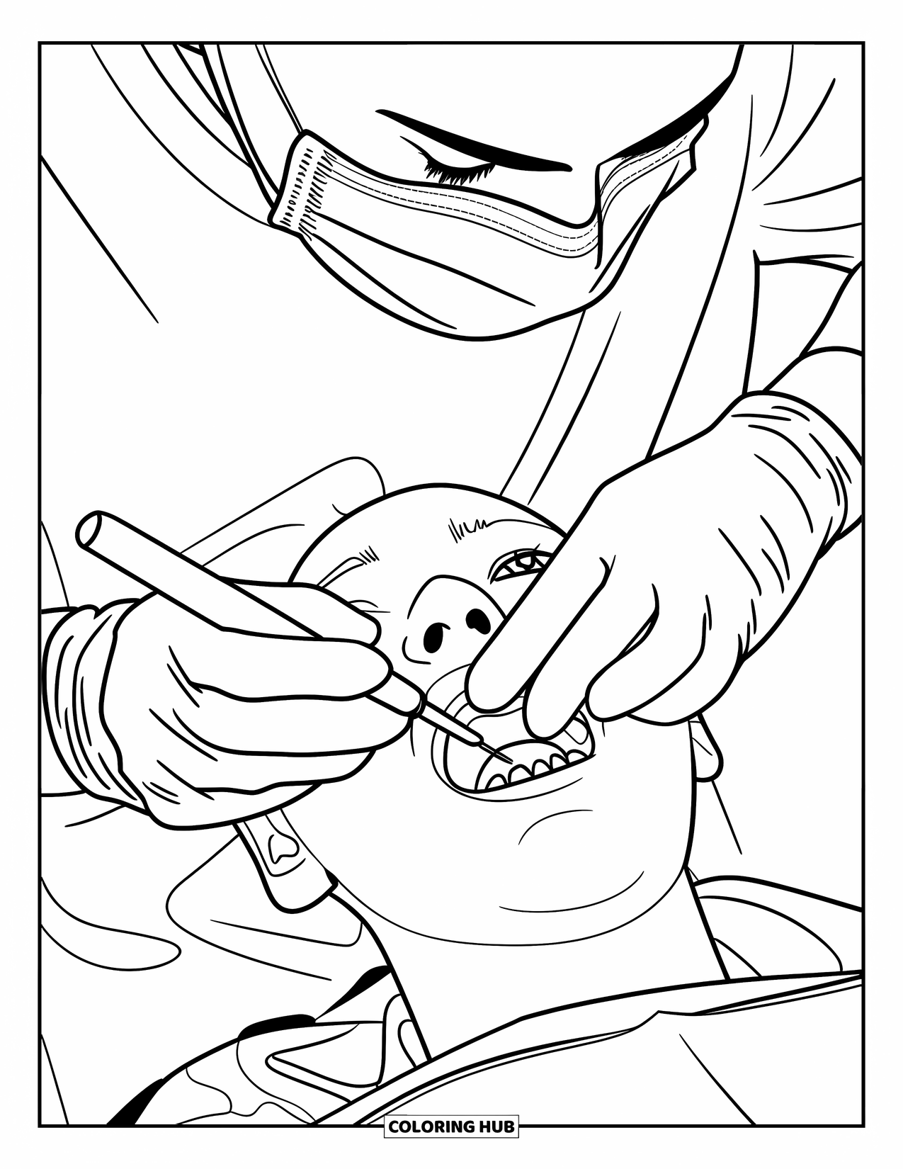 Dentist Coloring Page for Adults: Gloved hands carefully work on a patientís teeth using a dental tool