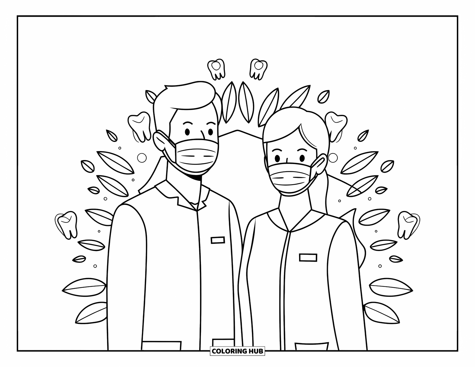 Dentist Coloring Page for Adults: Side by side, a dentist and hygienist smile behind masks, framed by tiny molars