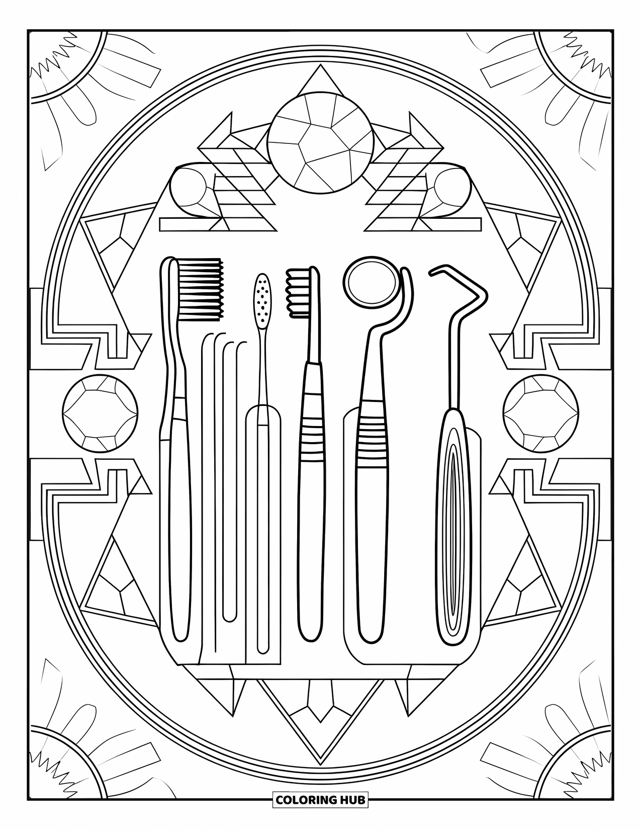 Dentist Coloring Page for Adults: Toothbrushes and tools are surrounded by patterns of circles, triangles, and squares