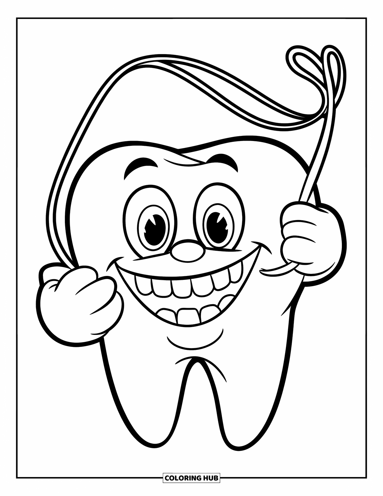 Dentist Coloring Page for Kids: A big smiling tooth wraps floss into a loose bow around itself