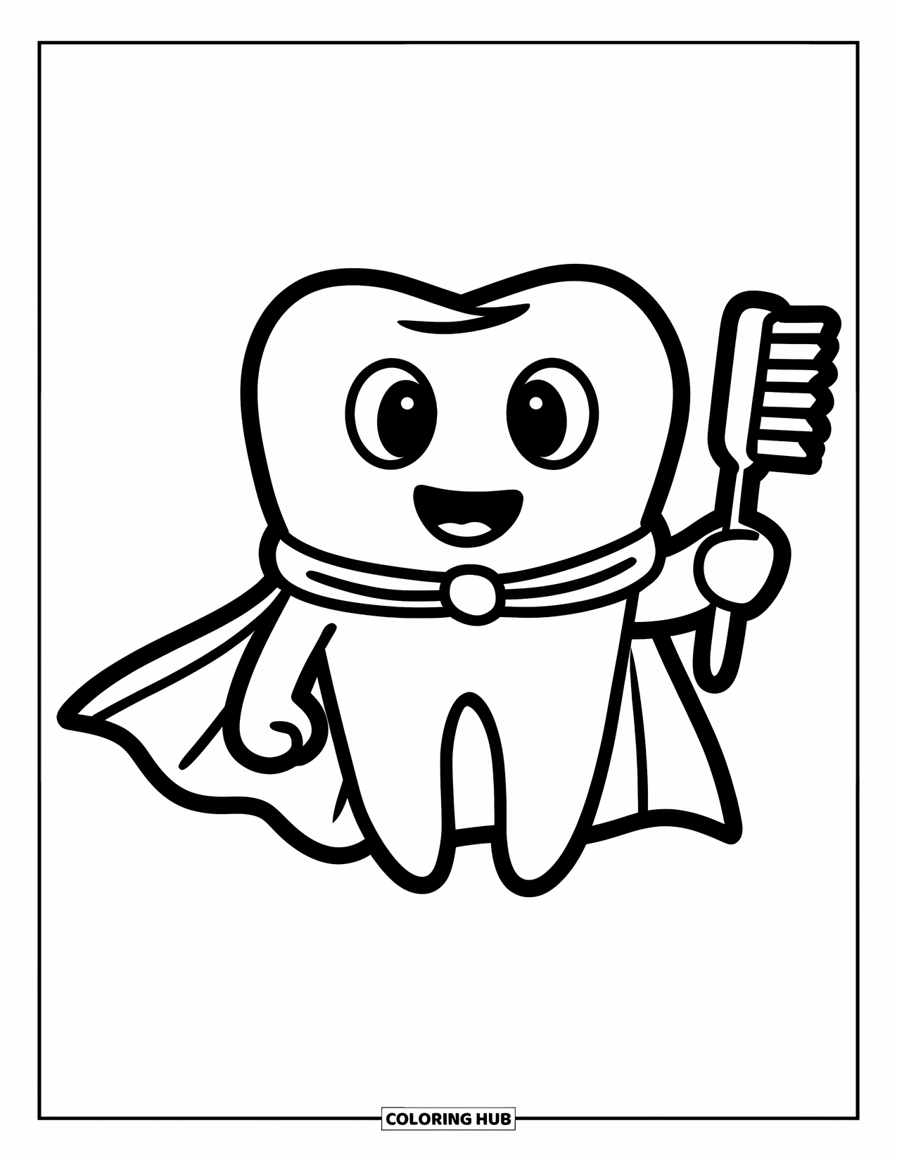Dentist Coloring Page for Kids: A caped superhero tooth holds a brush and stands ready to save smiles