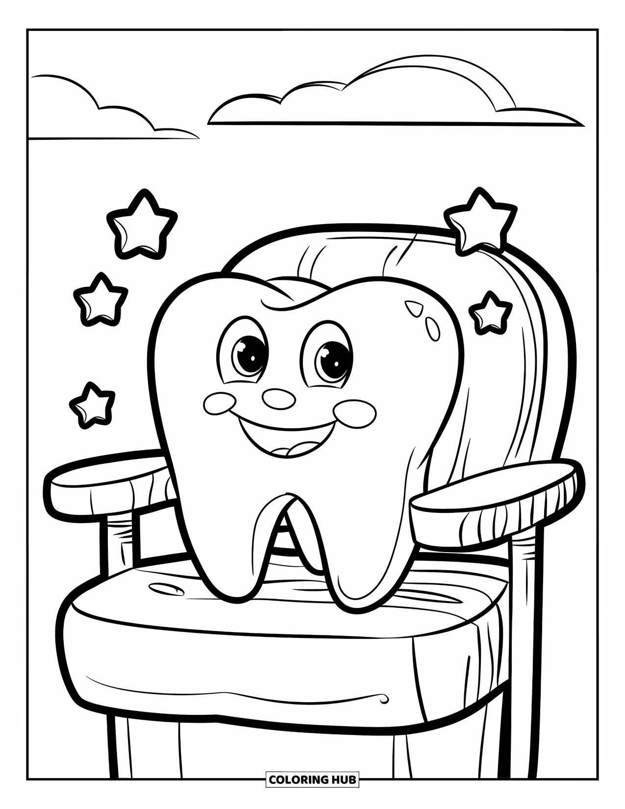 Dentist Coloring Page for Kids: A cheerful molar sits on a chair with stars and soft clouds around