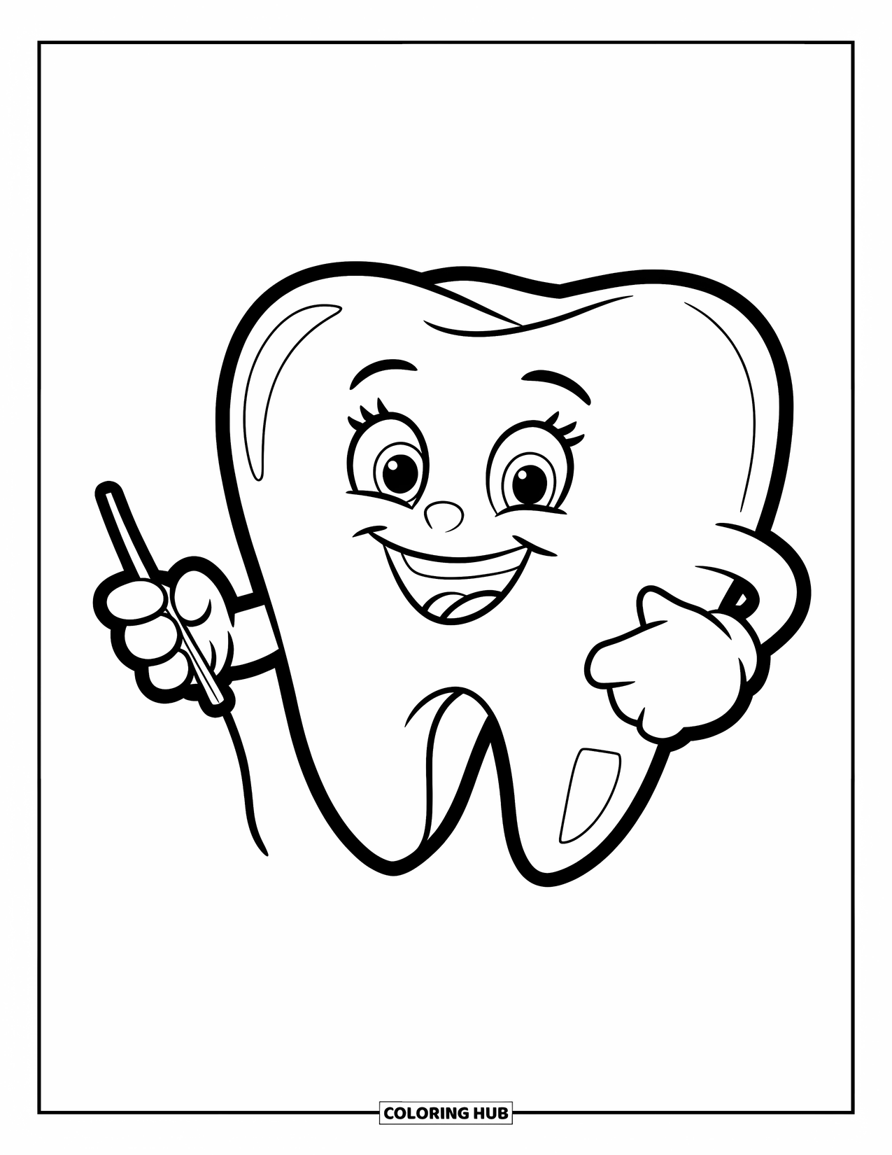 Dentist Coloring Page for Kids: A cheerful tooth sits with a floss string stretched across its front