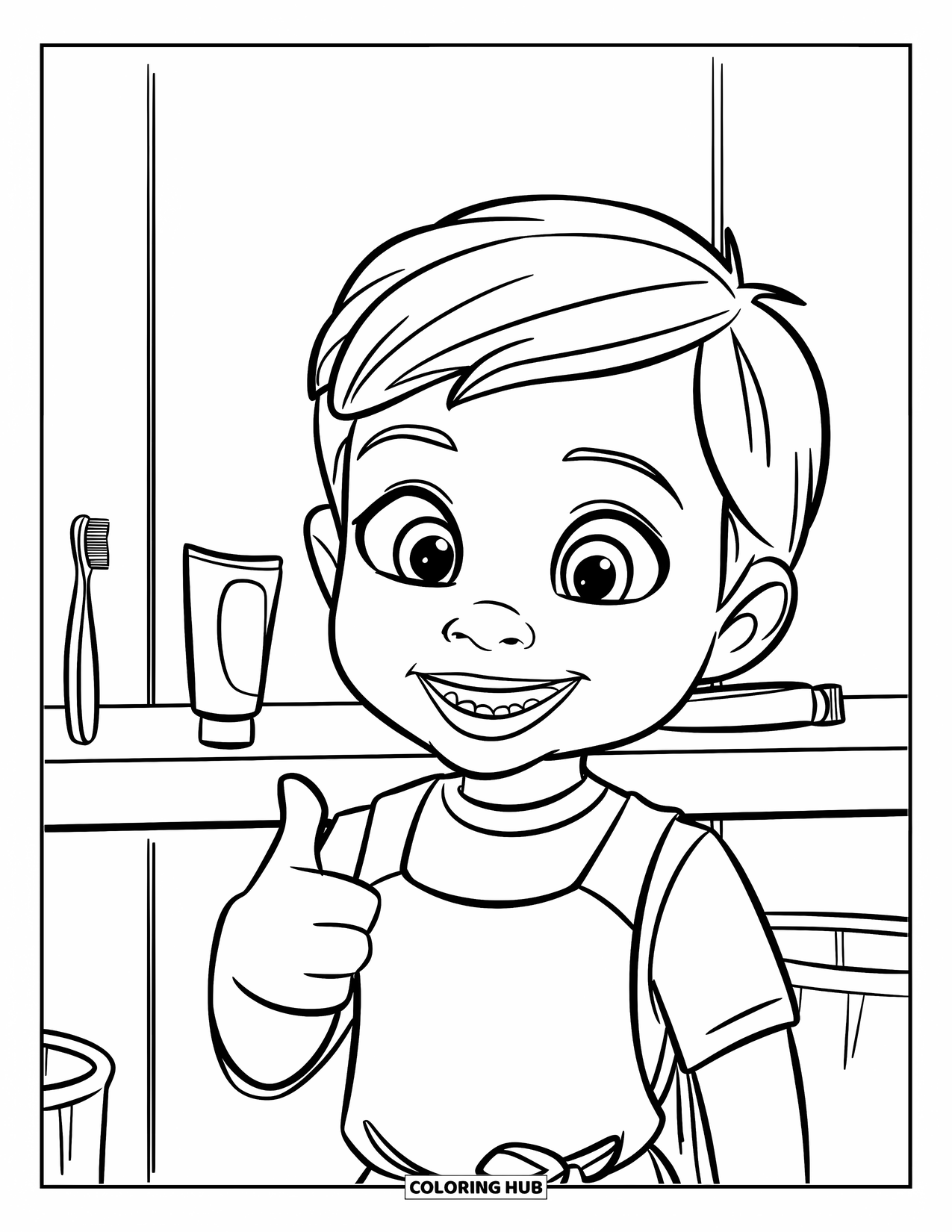 Dentist Coloring Page for Kids: A child with sparkly teeth gives a thumbs up beside a toothbrush and toothpaste