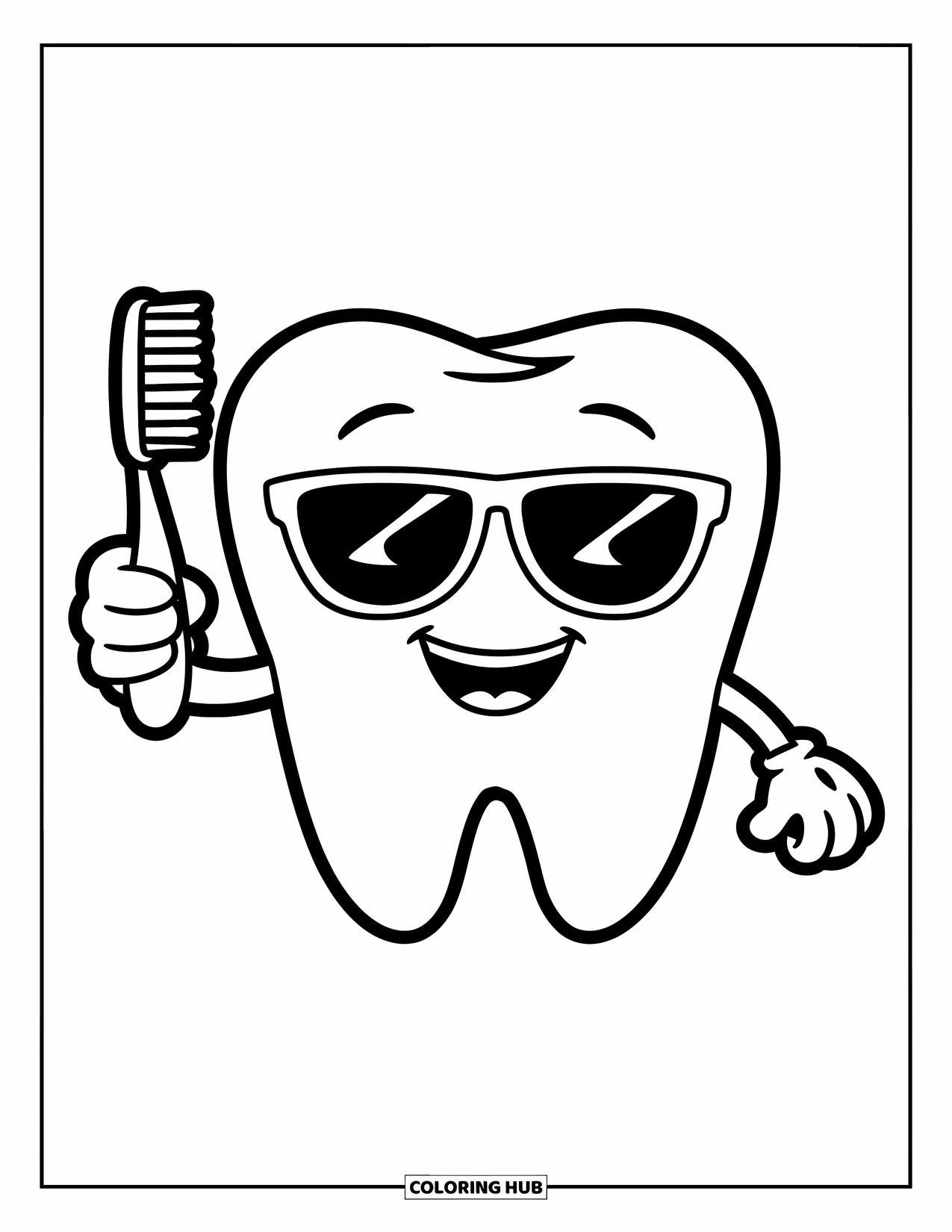 Dentist Coloring Page for Kids: A cool tooth character with sunglasses holds a mini brush and smiles