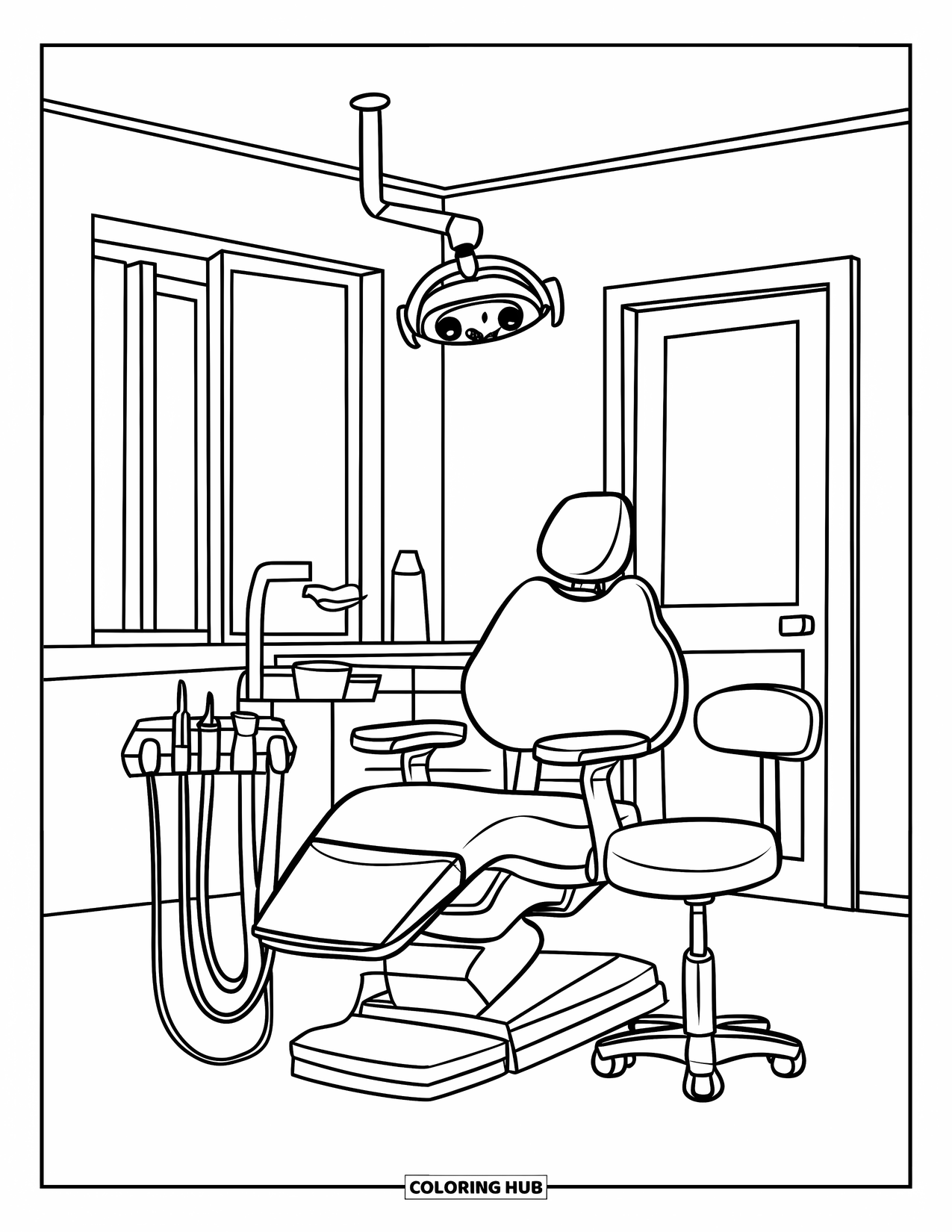 Dentist Coloring Page for Kids: A dentist chair in a clinic room with tools, gloves, and a mask nearby