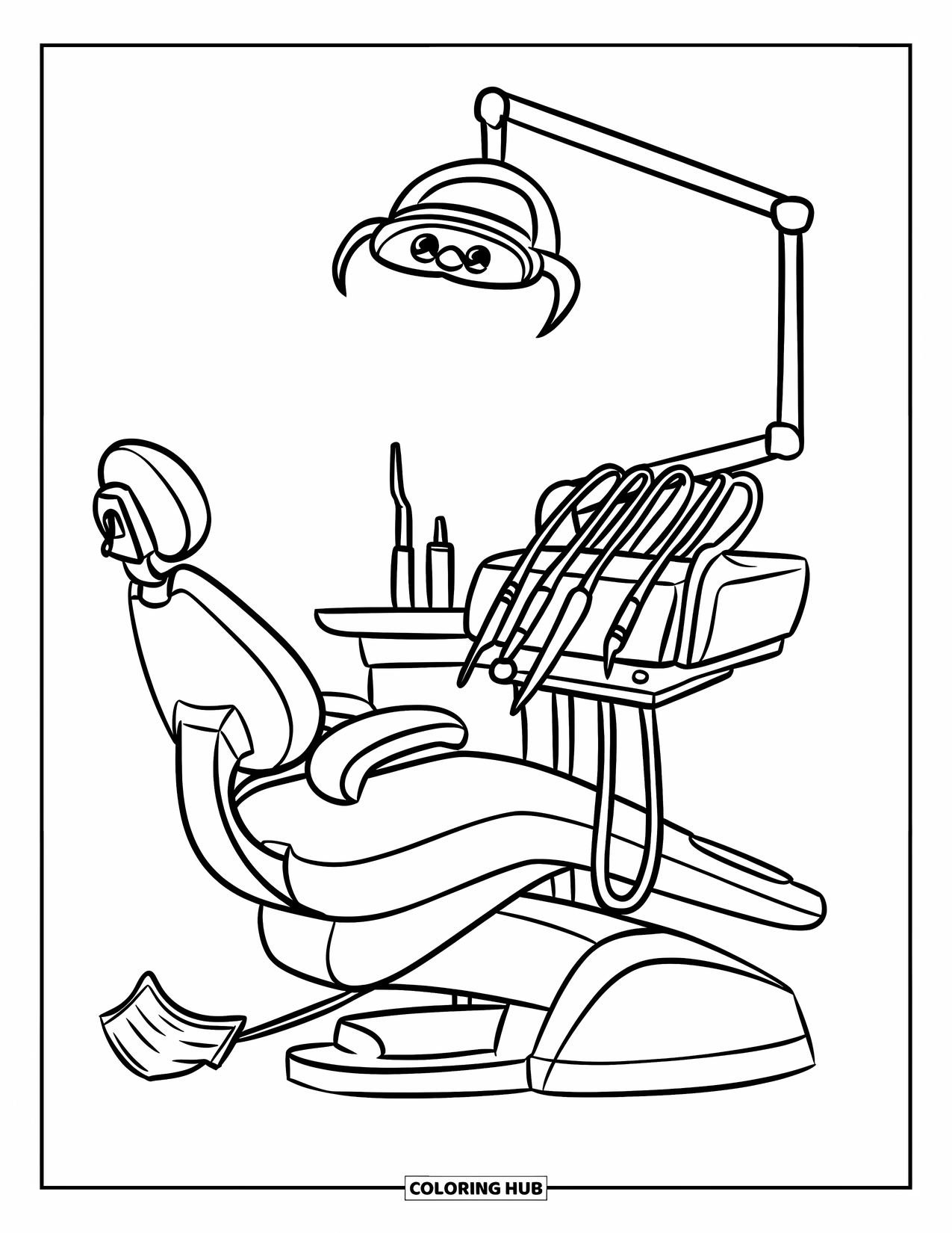 Dentist Coloring Page for Kids: A dentist chair with nearby tools, gloves, and a friendly mask