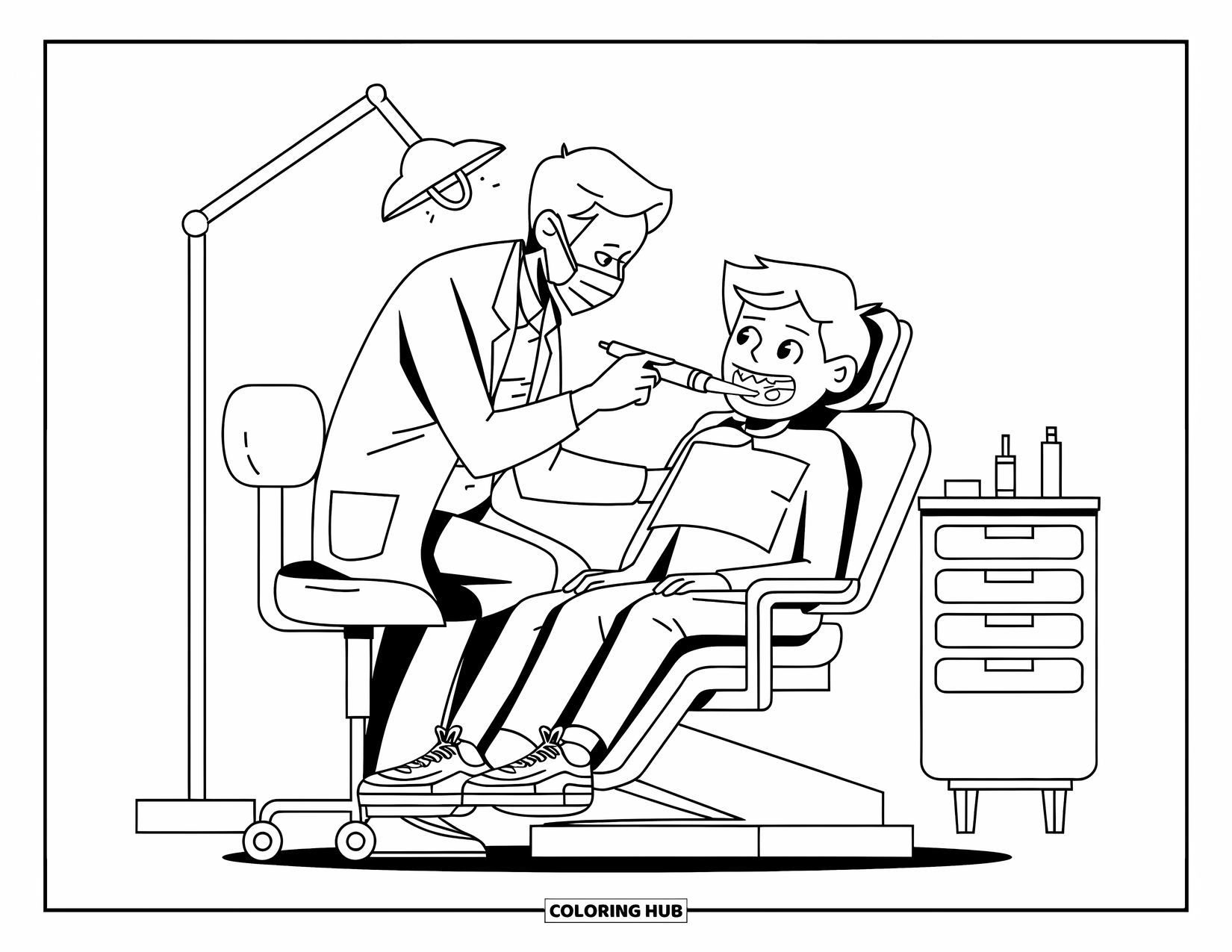 Dentist Coloring Page for Kids: A dentist examines a teen's teeth with a flashlight in a cozy dental office