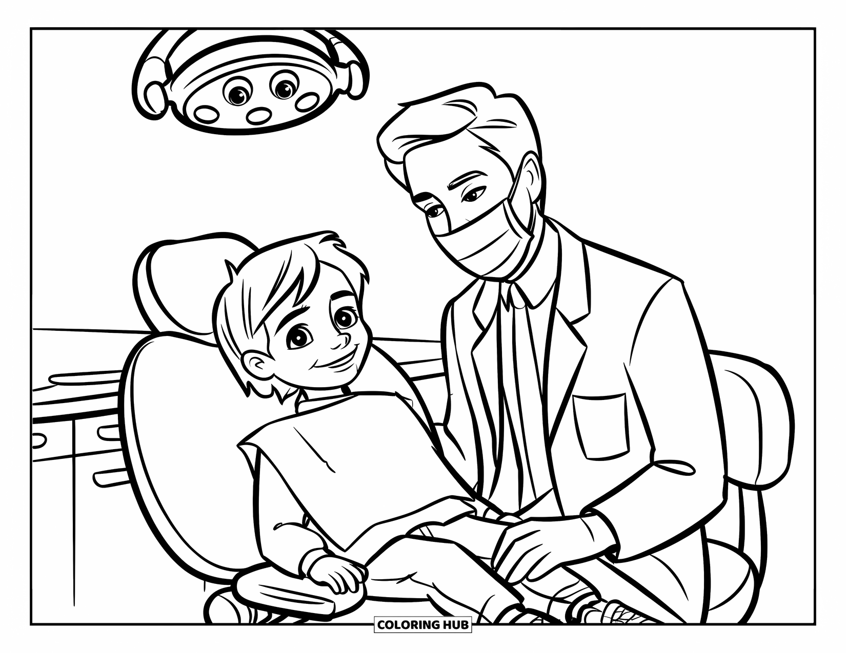 Dentist Coloring Page for Kids: A gentle dentist stands beside a smiling kid in a friendly dentist chair