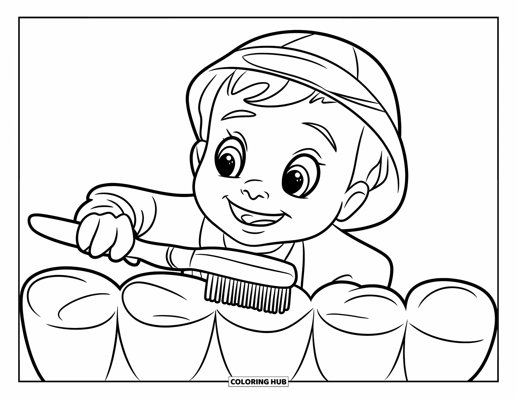 Dentist Coloring Page for Kids: A happy child in a yellow hat brushes a large tooth with round sections