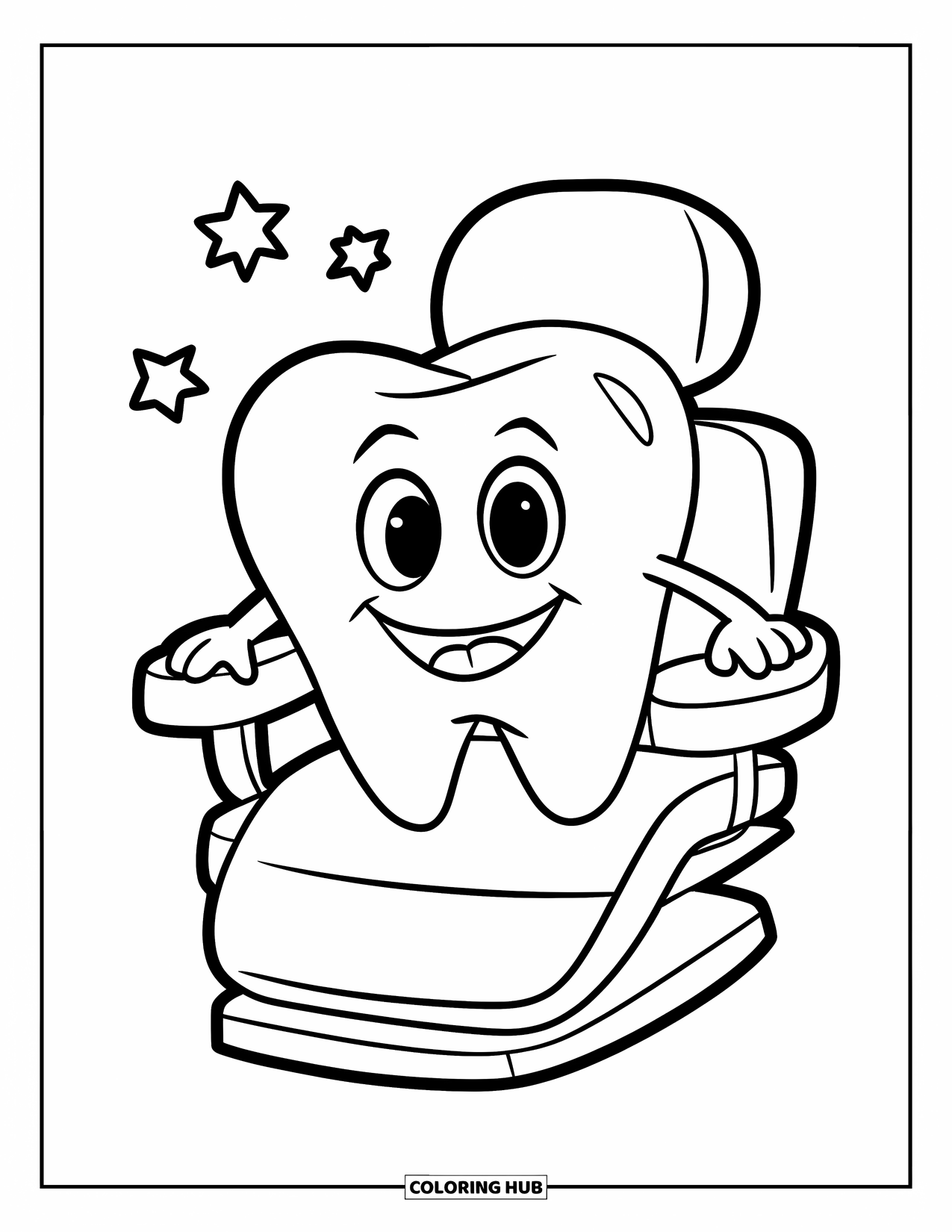 Dentist Coloring Page for Kids: A happy molar sits on a dentist chair with stars around it