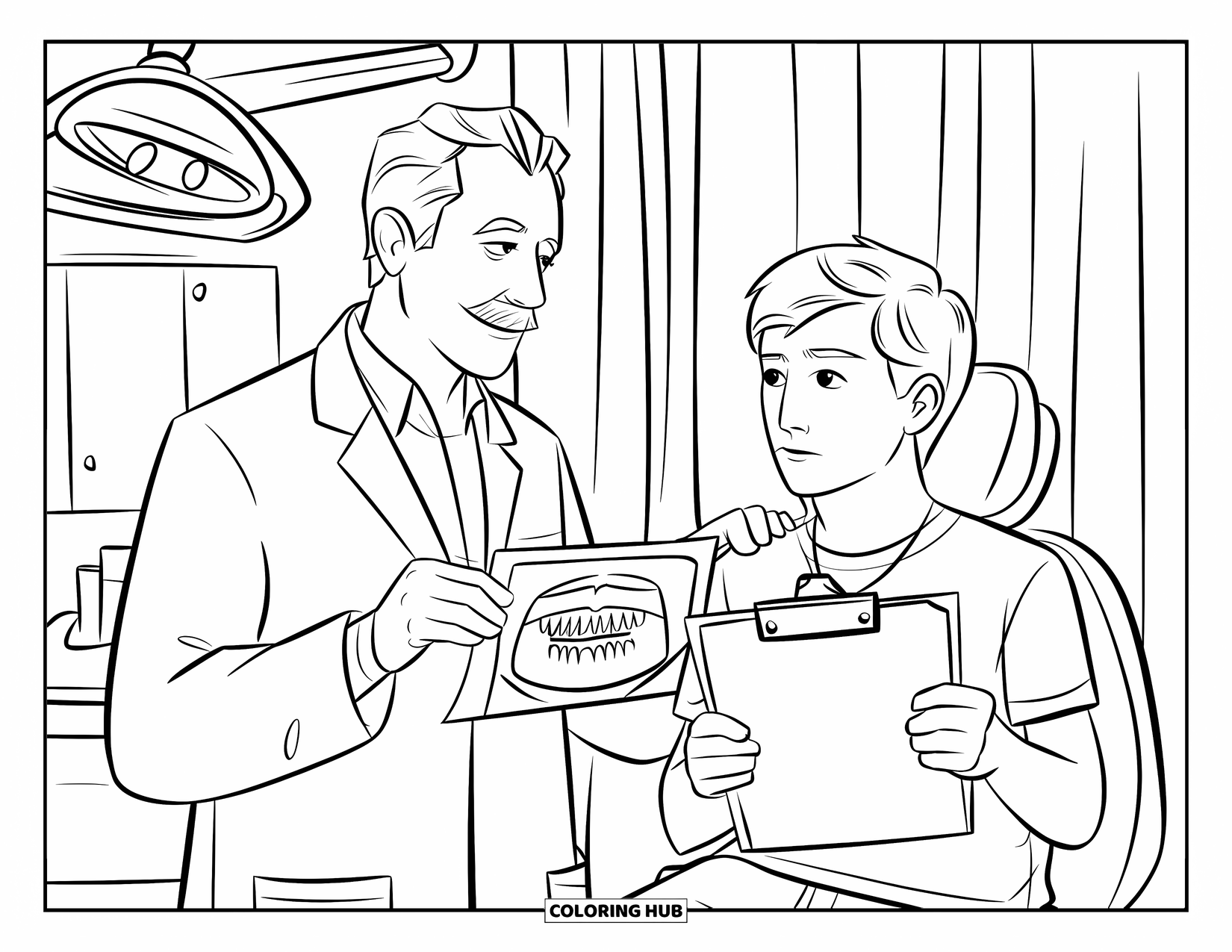 Dentist Coloring Page for Kids: A mustached dentist shows an X-ray to a teen patient wearing a necklace