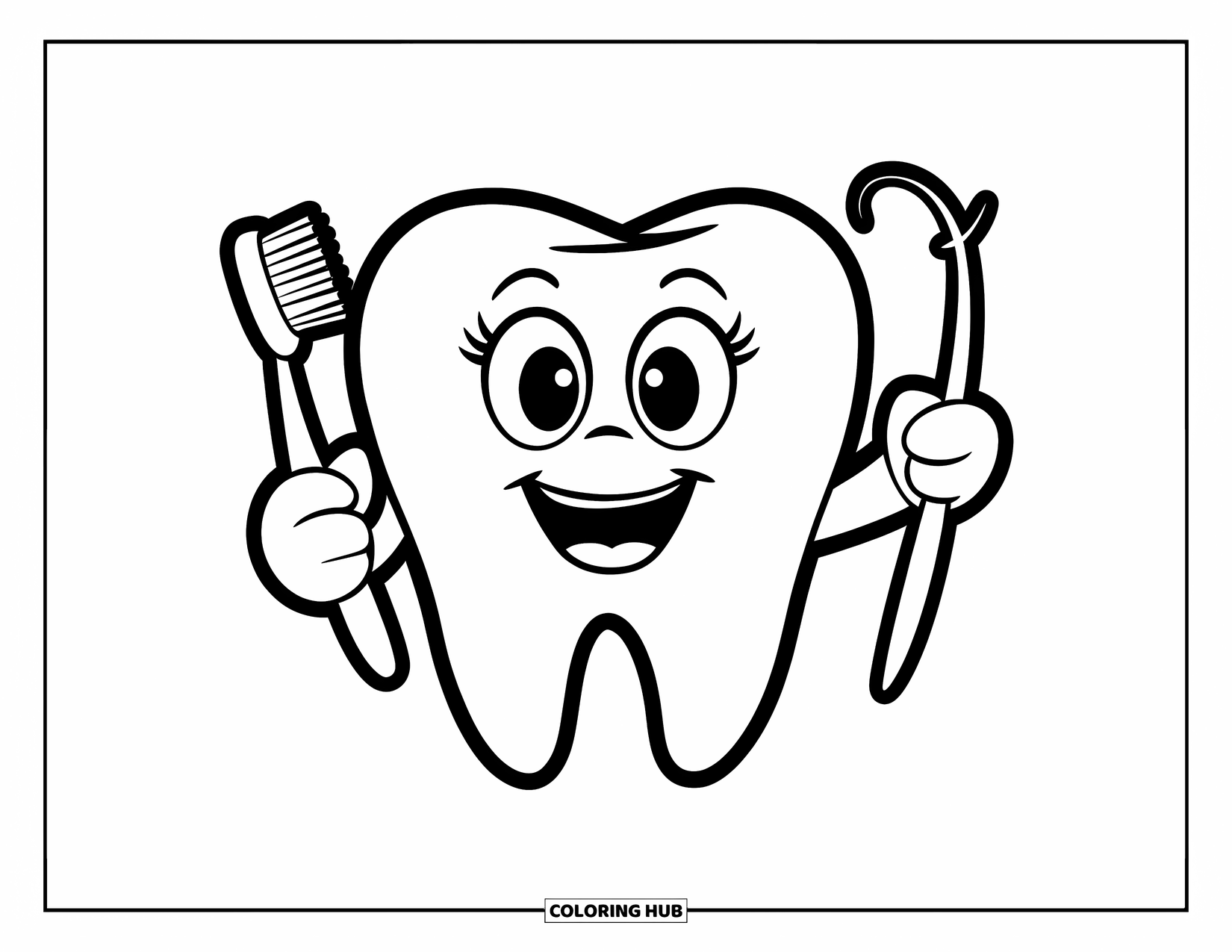 Dentist Coloring Page for Kids: A smiling cartoon tooth holds a tiny brush and floss with joy