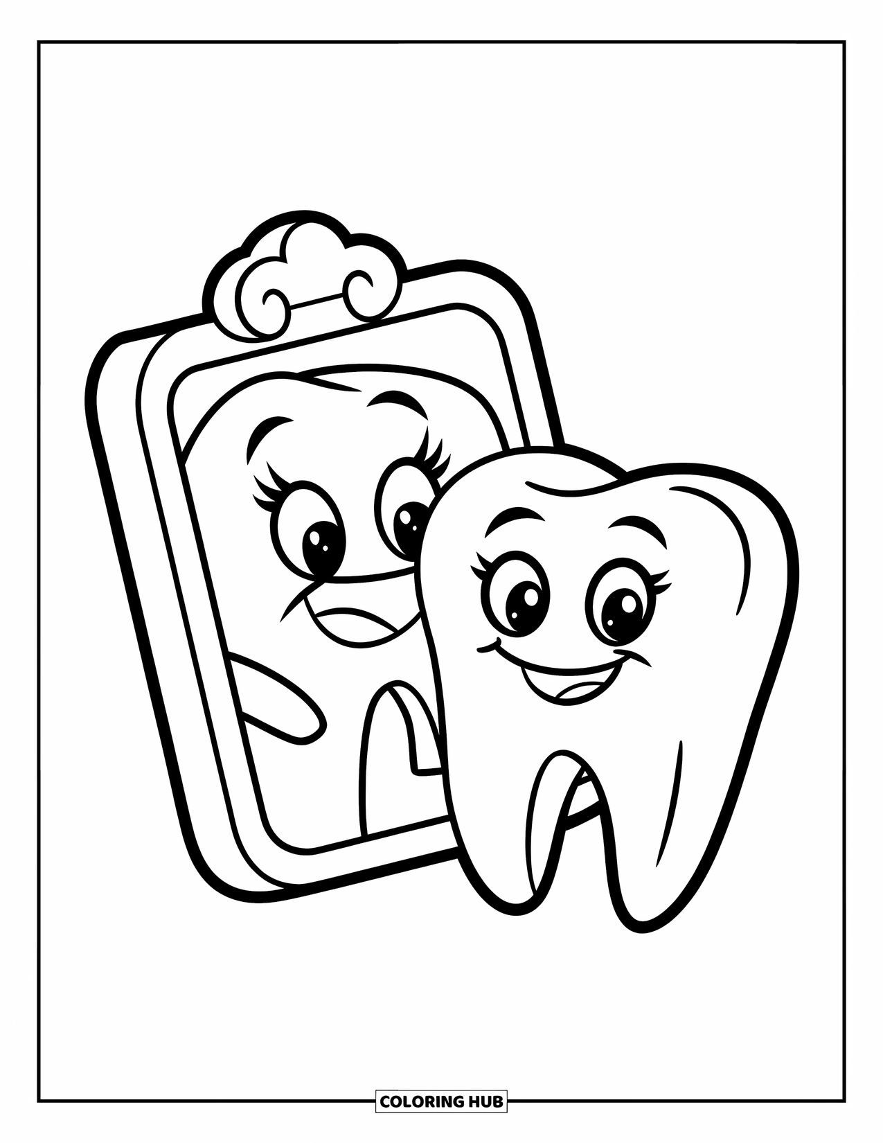 Dentist Coloring Page for Kids: A smiling dental mirror stands beside a big cartoon tooth