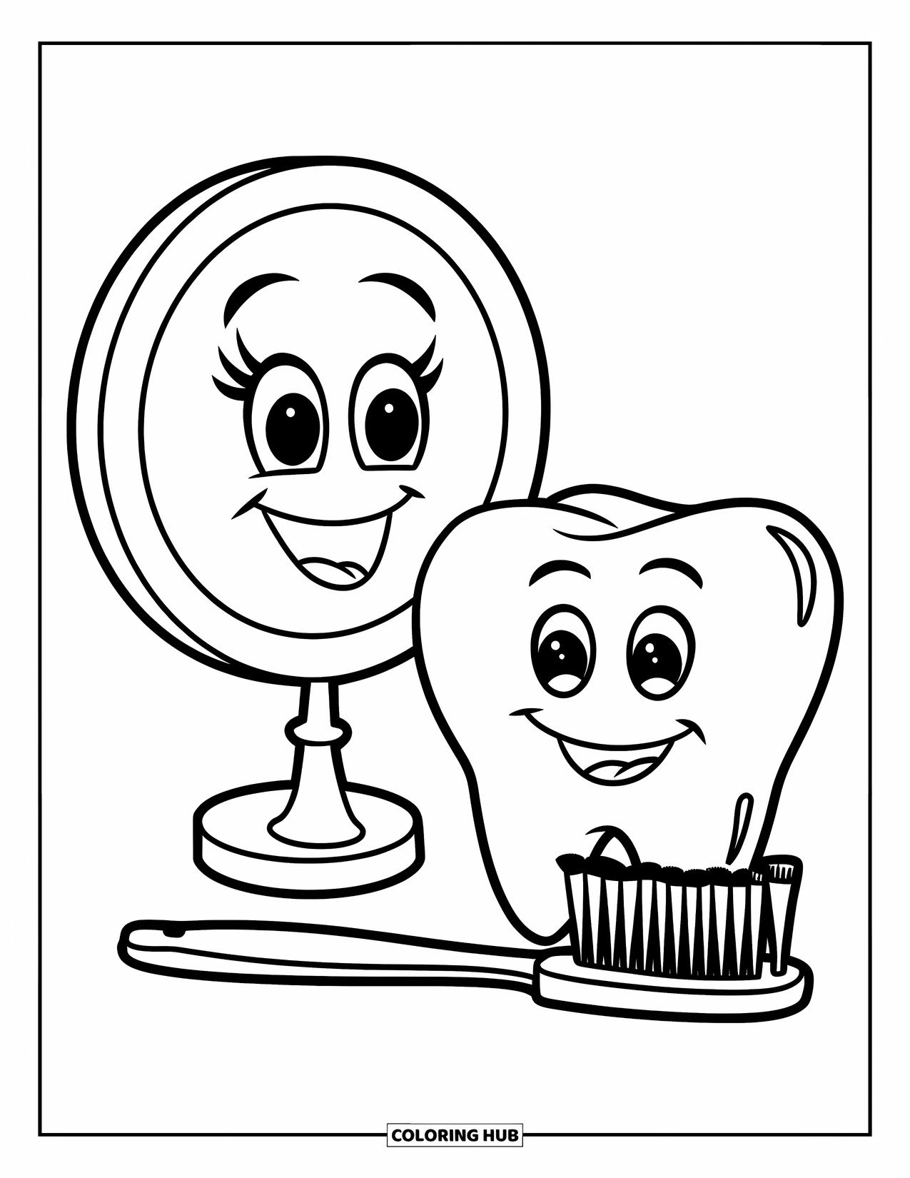 Dentist Coloring Page for Kids: A smiling mirror stands beside a large tooth placed on a toothbrush