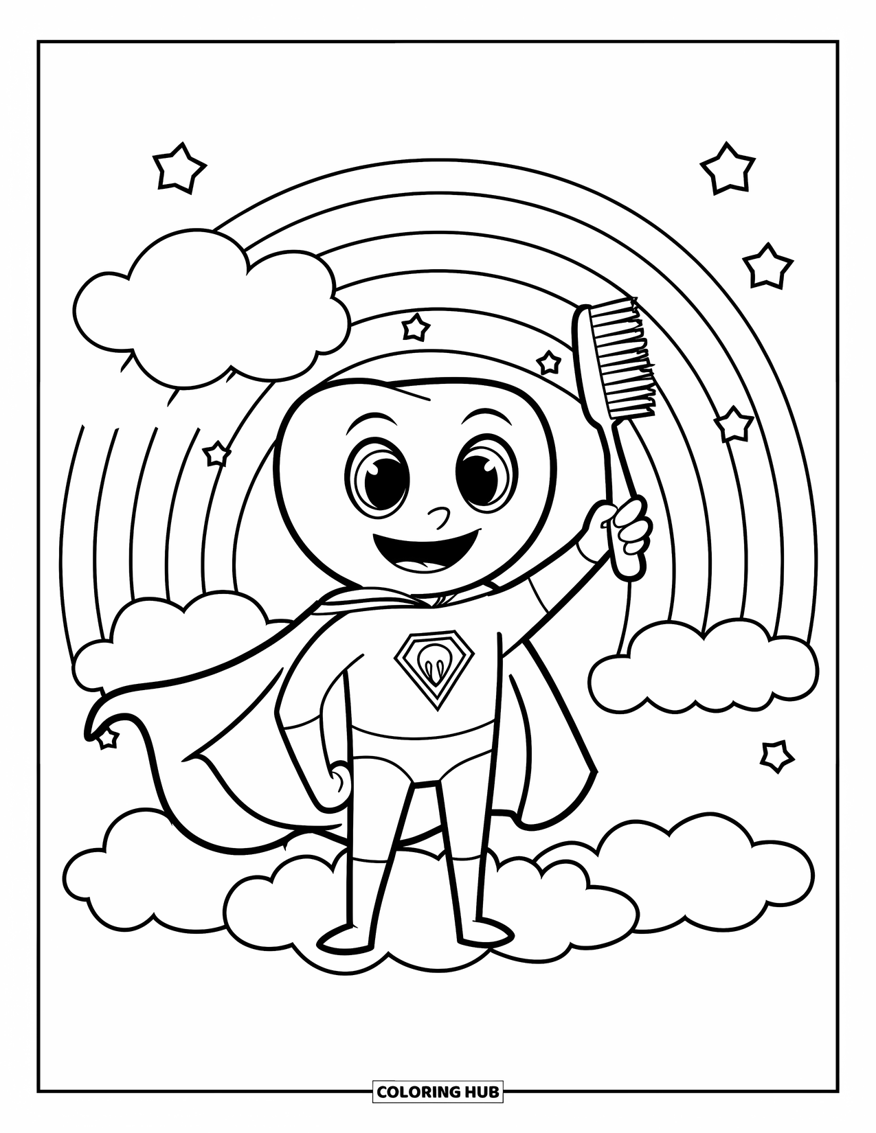 Dentist Coloring Page for Kids: A smiling superhero tooth with a brush stands on clouds under stars and rainbows