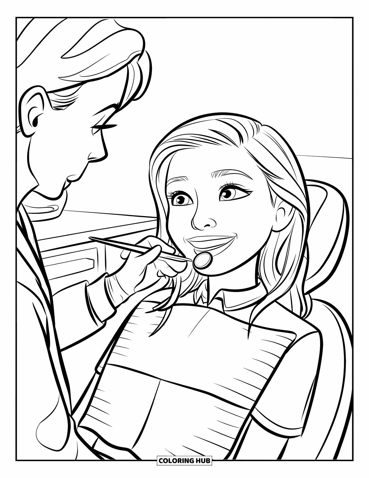 Dentist Coloring Page for Kids: A smiling teen sits in a dentist chair while a dentist examines her teeth