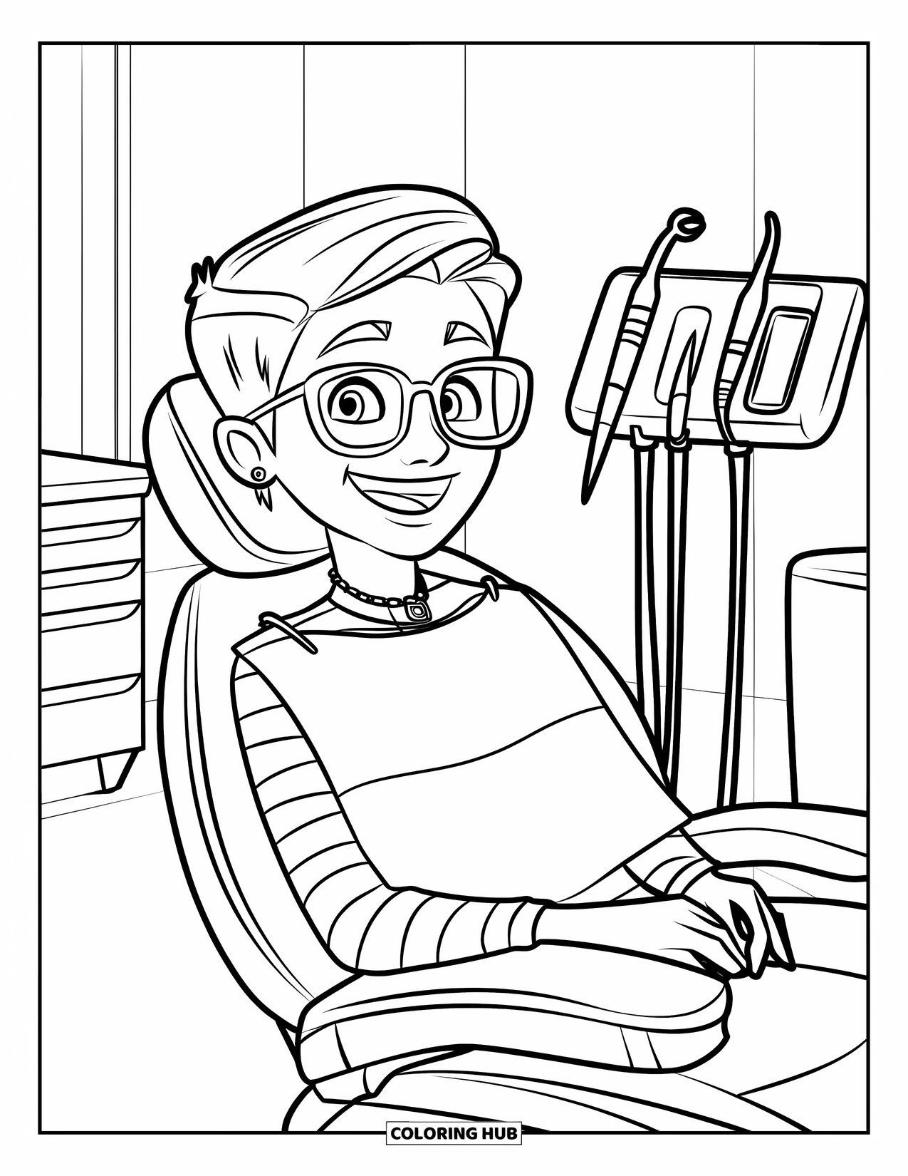 Dentist Coloring Page for Kids: A smiling teen with glasses and a necklace sits in a dentist chair with tools nearby