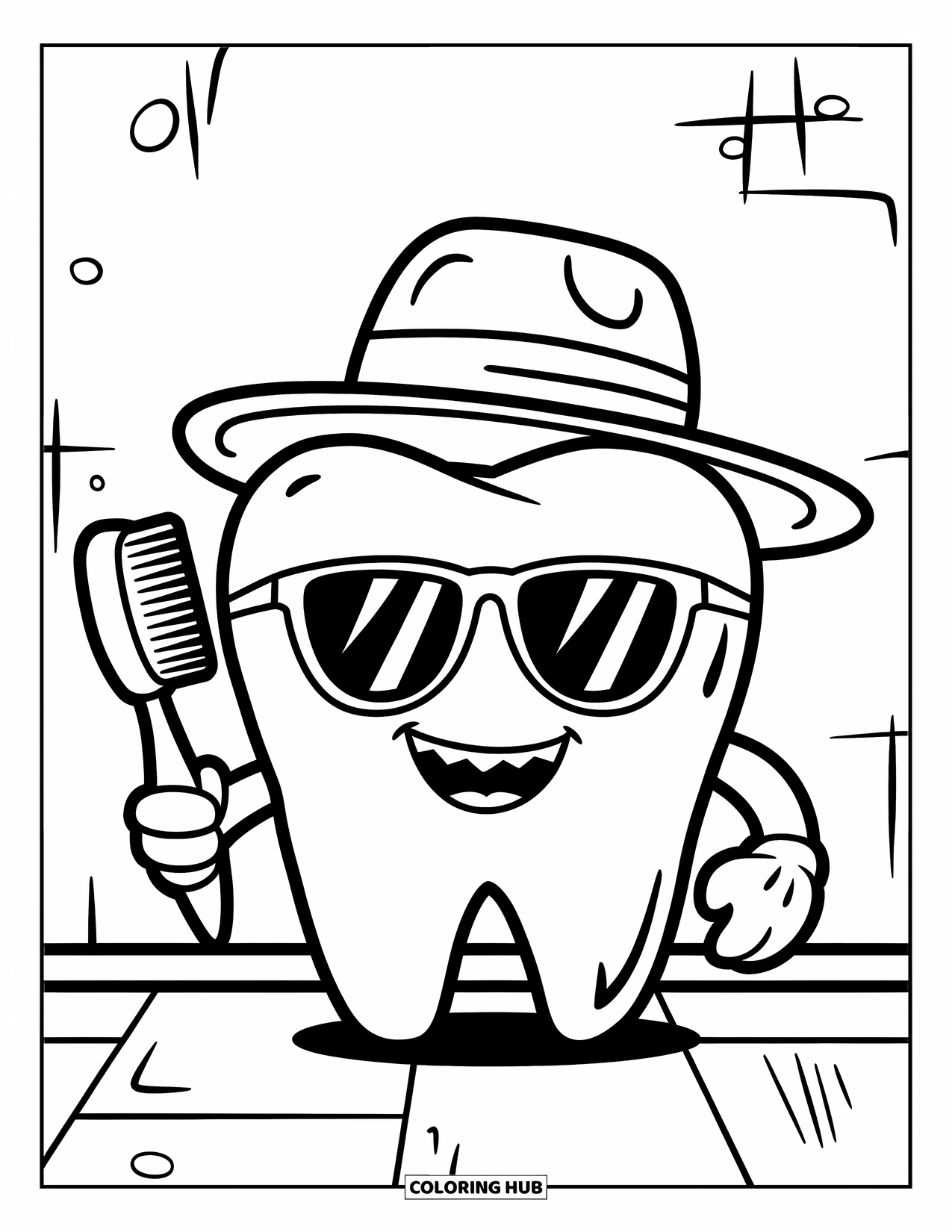 Dentist Coloring Page for Kids: A smiling tooth character with sunglasses and a hat stands near doodles