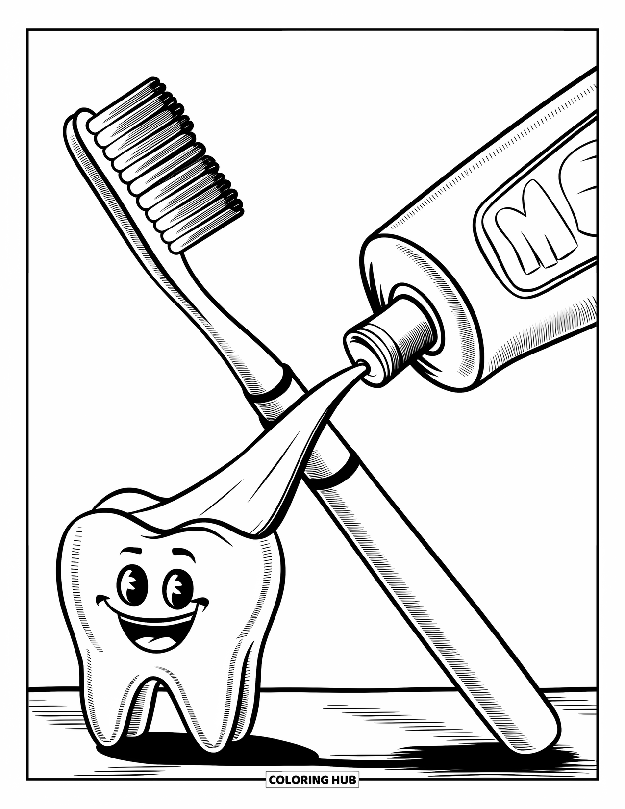 Dentist Coloring Page for Kids: A smiling toothbrush stands on a tooth as toothpaste swirls into an X