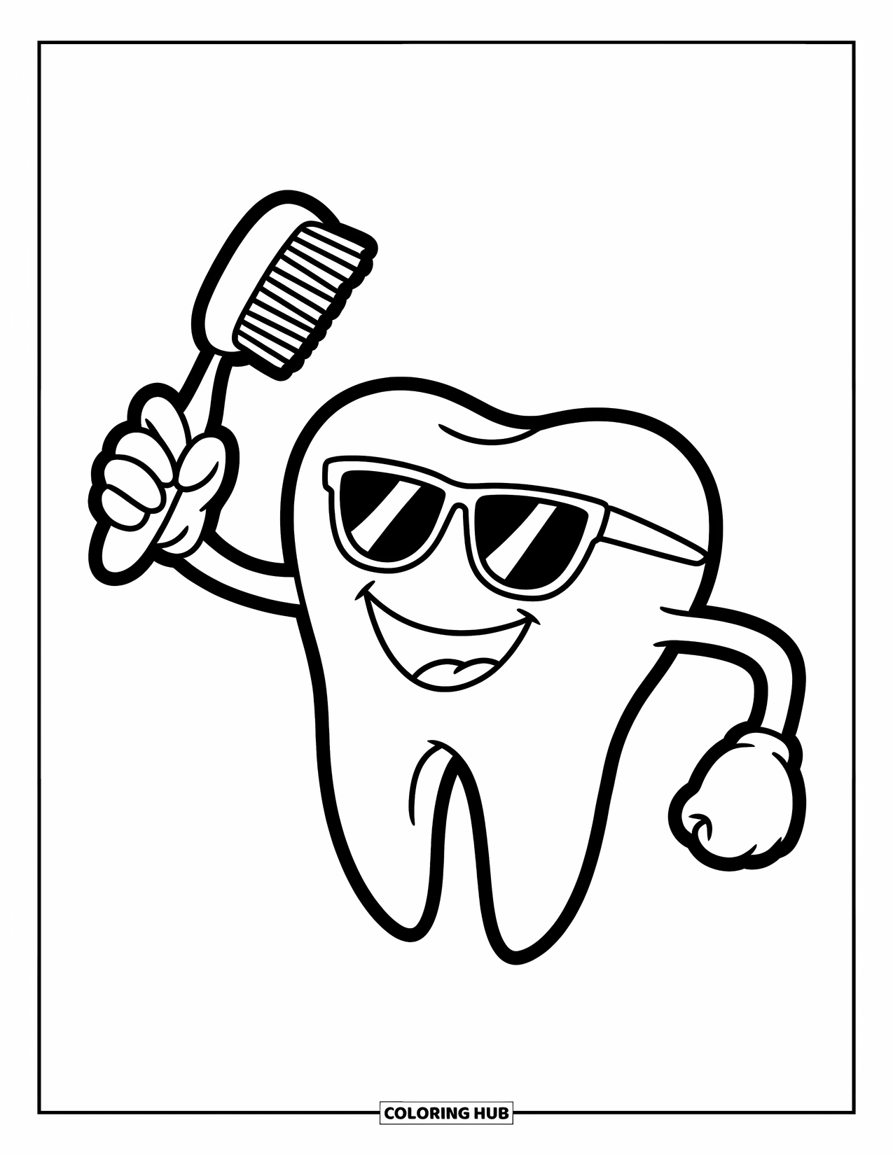 Dentist Coloring Page for Kids: A striped-shirt tooth character holds a mini brush with one arm raised