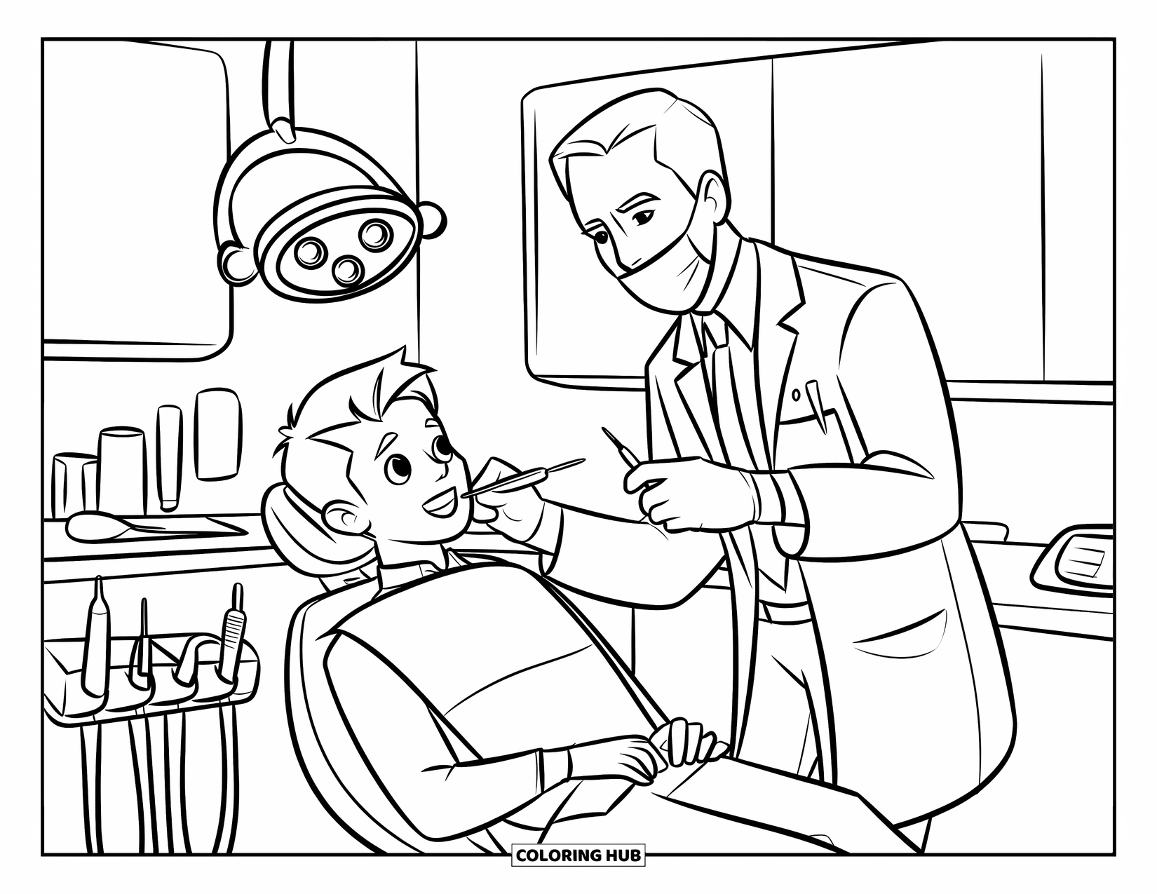 Dentist Coloring Page for Kids: A teen gets a checkup as a dentist uses a mirror and light beside dental tools