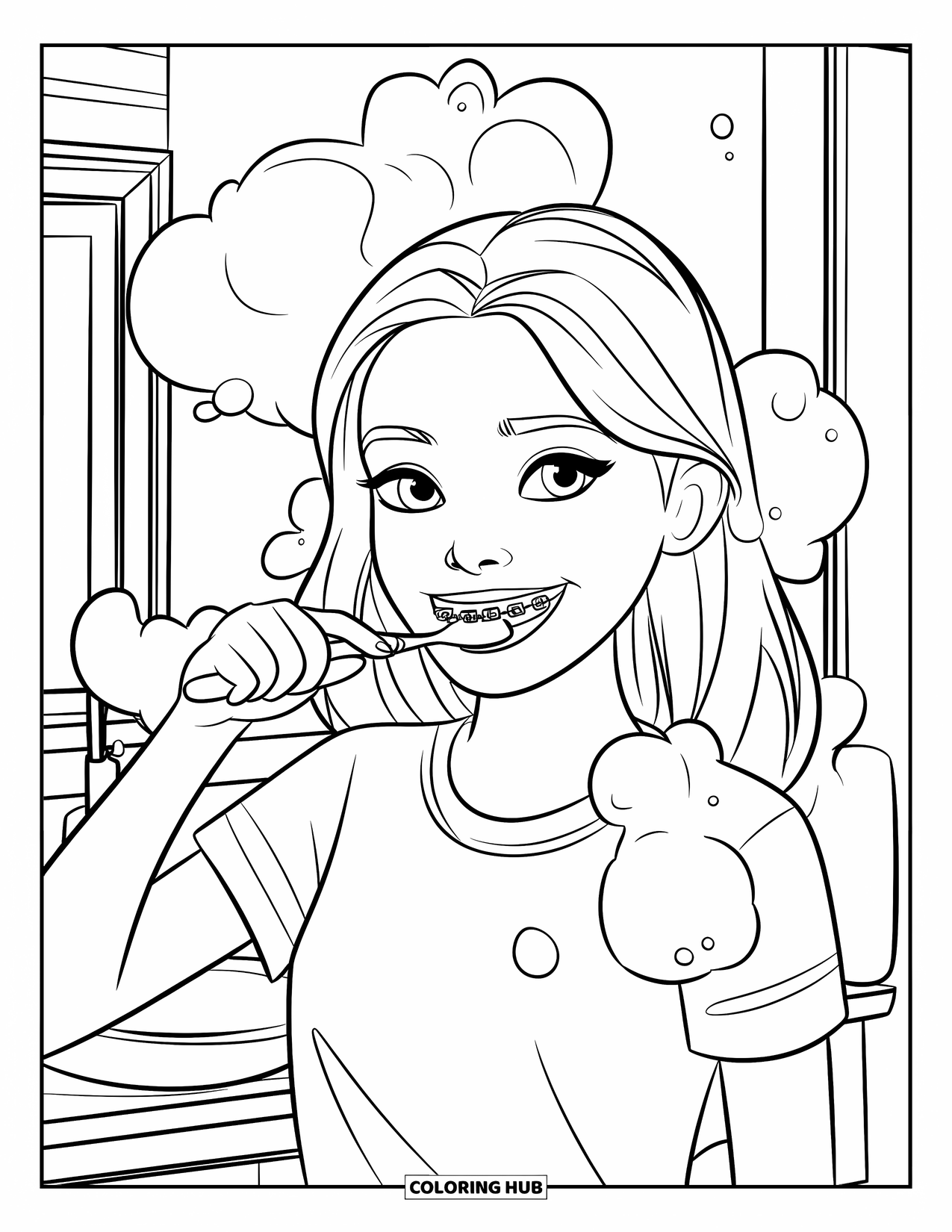 Dentist Coloring Page for Kids: A teen girl with braces brushes her teeth near a sink and mirror