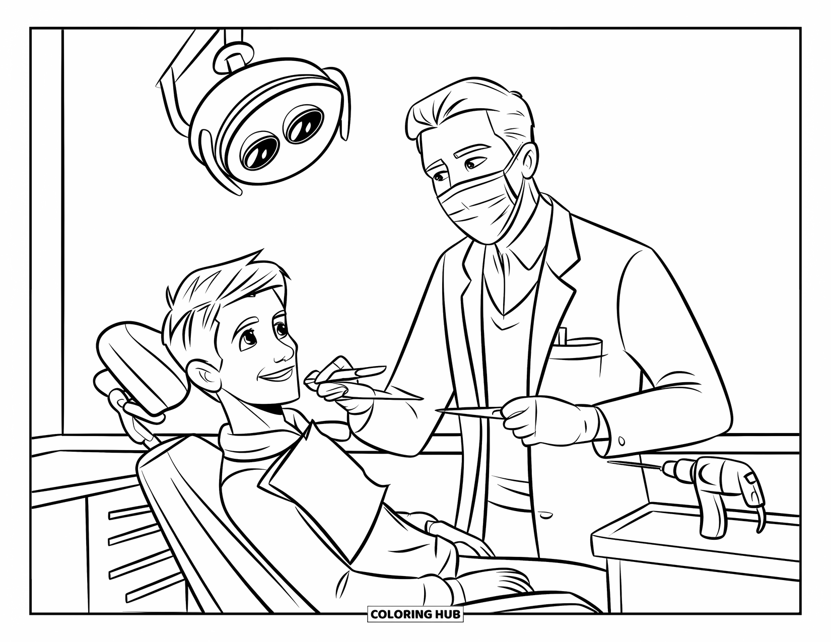 Dentist Coloring Page for Kids: A teen raises his hand as the dentist holds a tool beside a dental drill