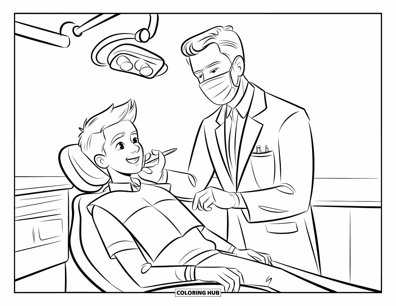 Dentist Coloring Page for Kids: A teen sits in a chair while the masked dentist checks his teeth under a bright light