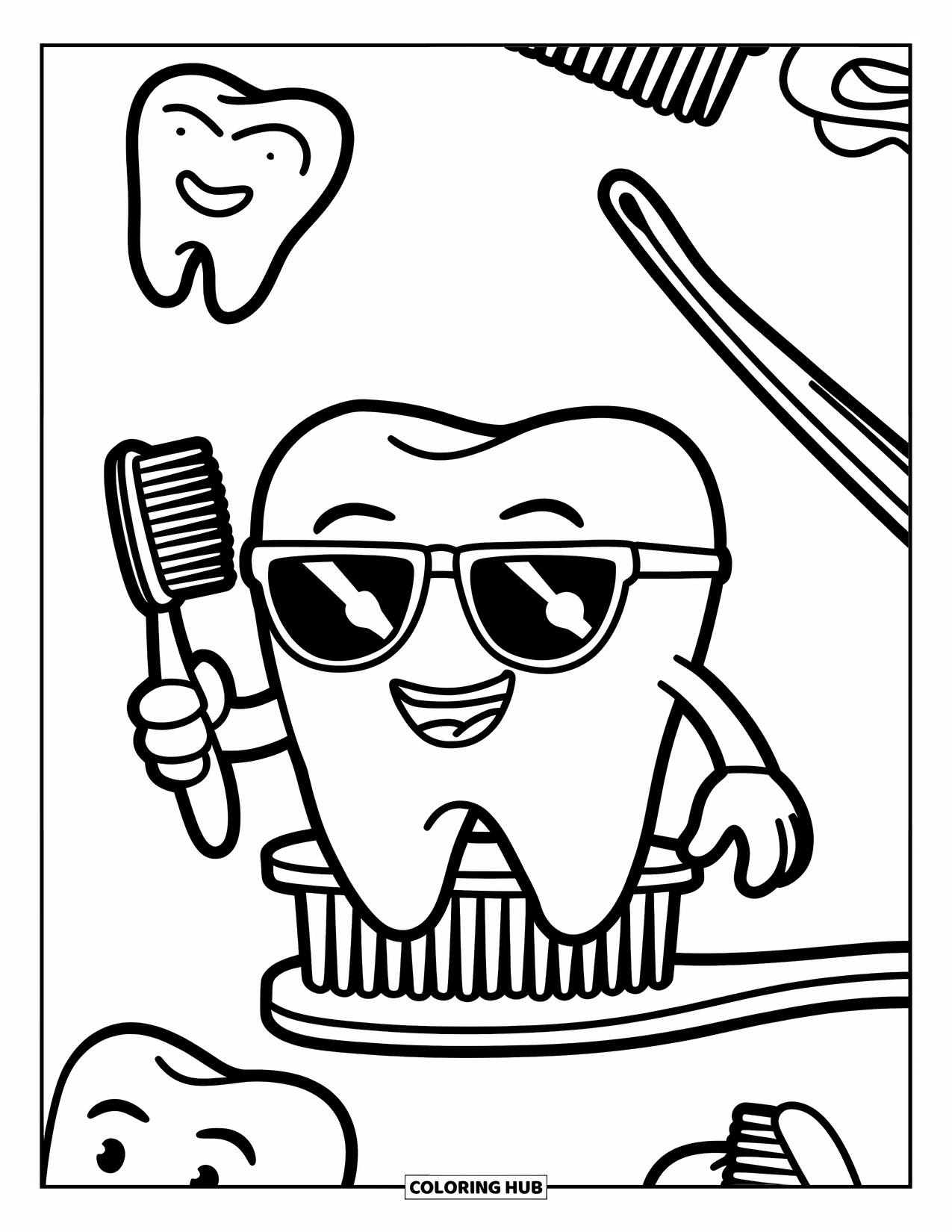 Dentist Coloring Page for Kids: A tooth character with sunglasses stands on a toothbrush beside other teeth