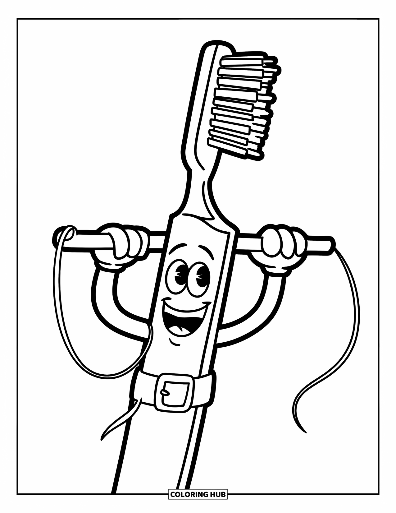 Dentist Coloring Page for Kids: A toothbrush character lifts dental floss like weights with a proud smile