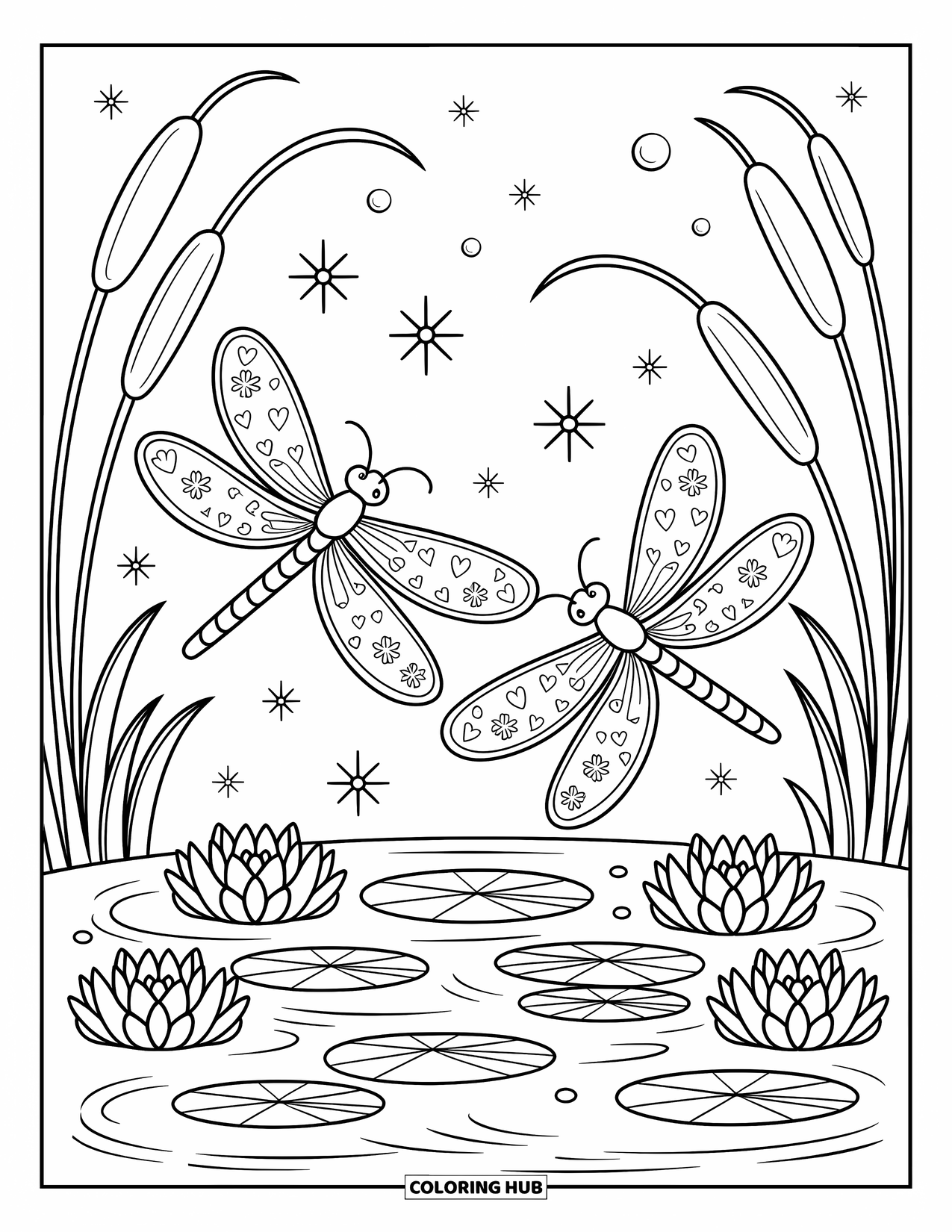 Dragonfly Coloring Page for Adults: A calm pond scene with dragonflies, cattails, lilies, and floating bubbles in the air
