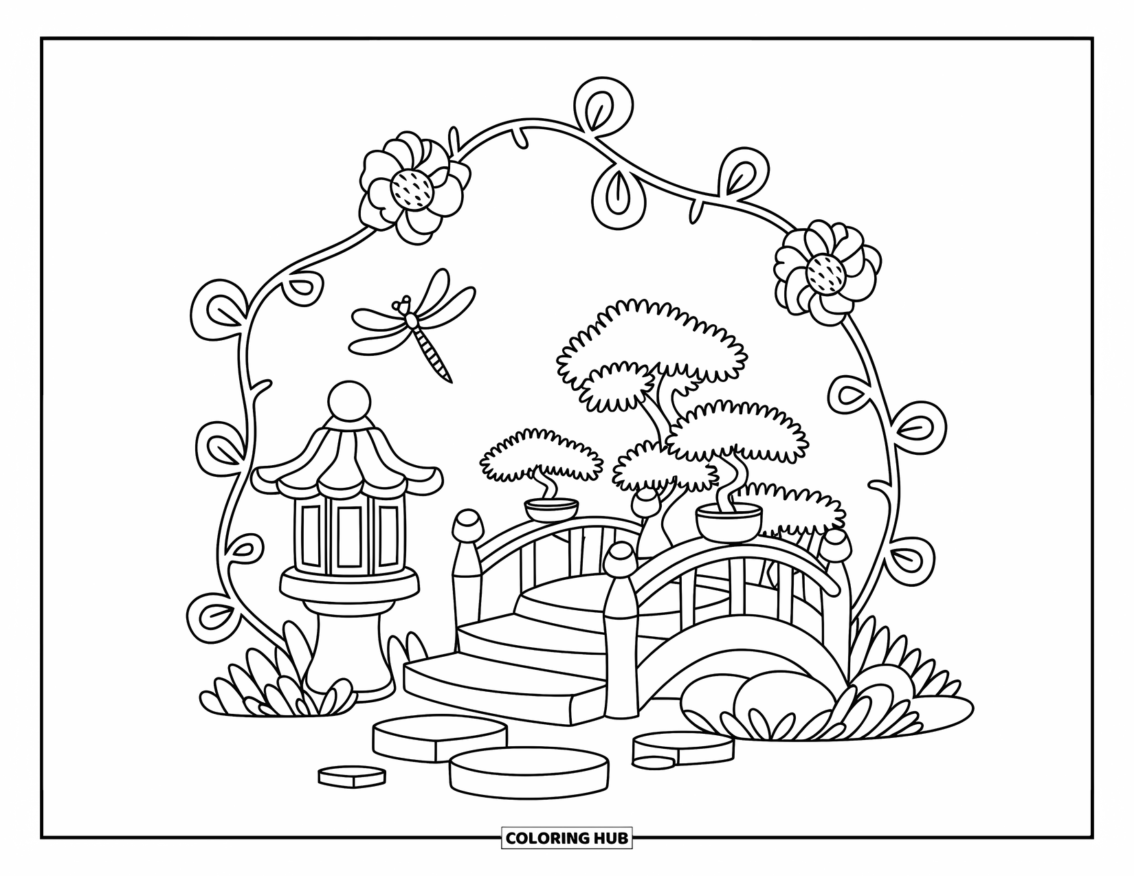 Dragonfly Coloring Page for Adults: A calm, symmetrical garden scene with soft curves and miniature cozy details throughout