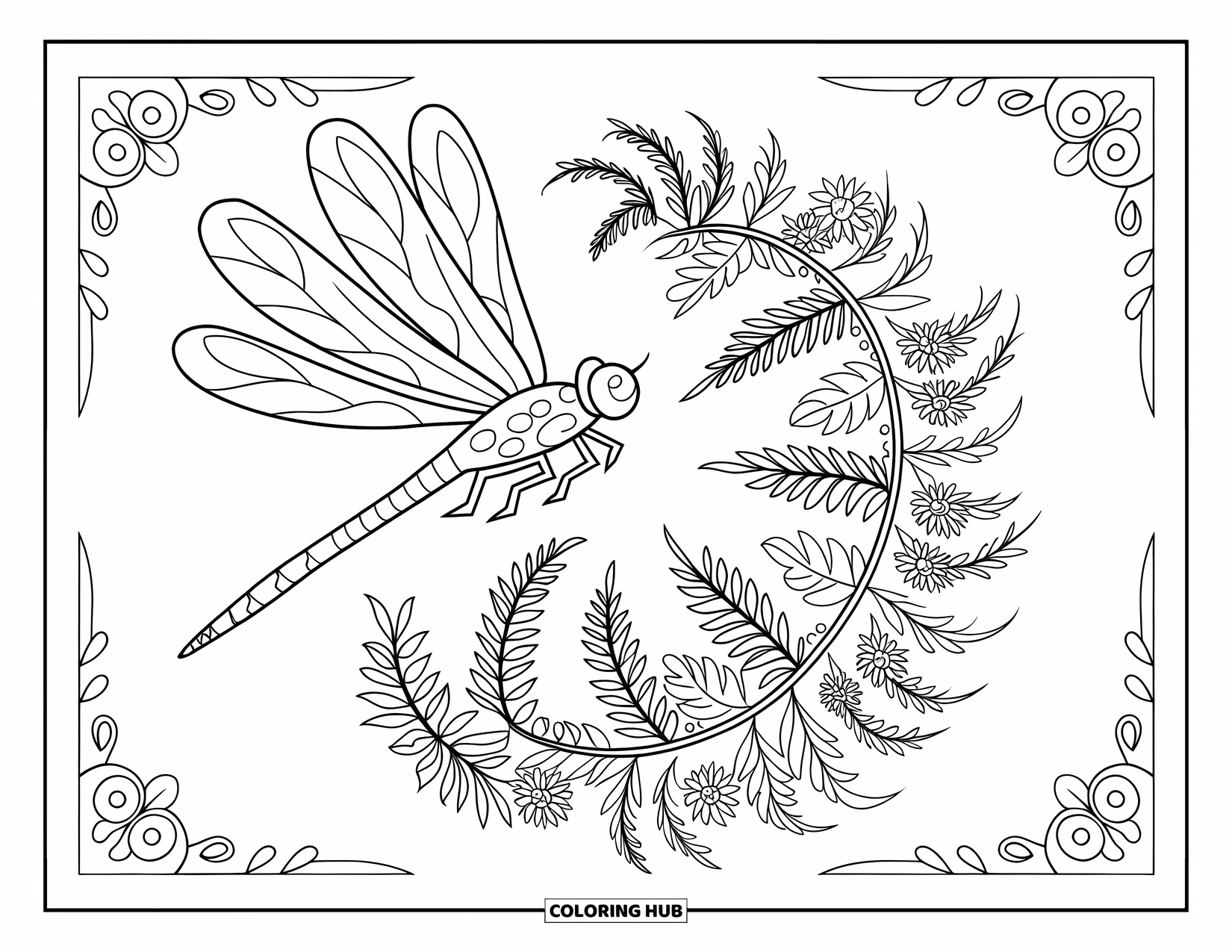 Dragonfly Coloring Page for Adults: A dragonfly flies above a round mandala filled with fern leaves and garden flowers