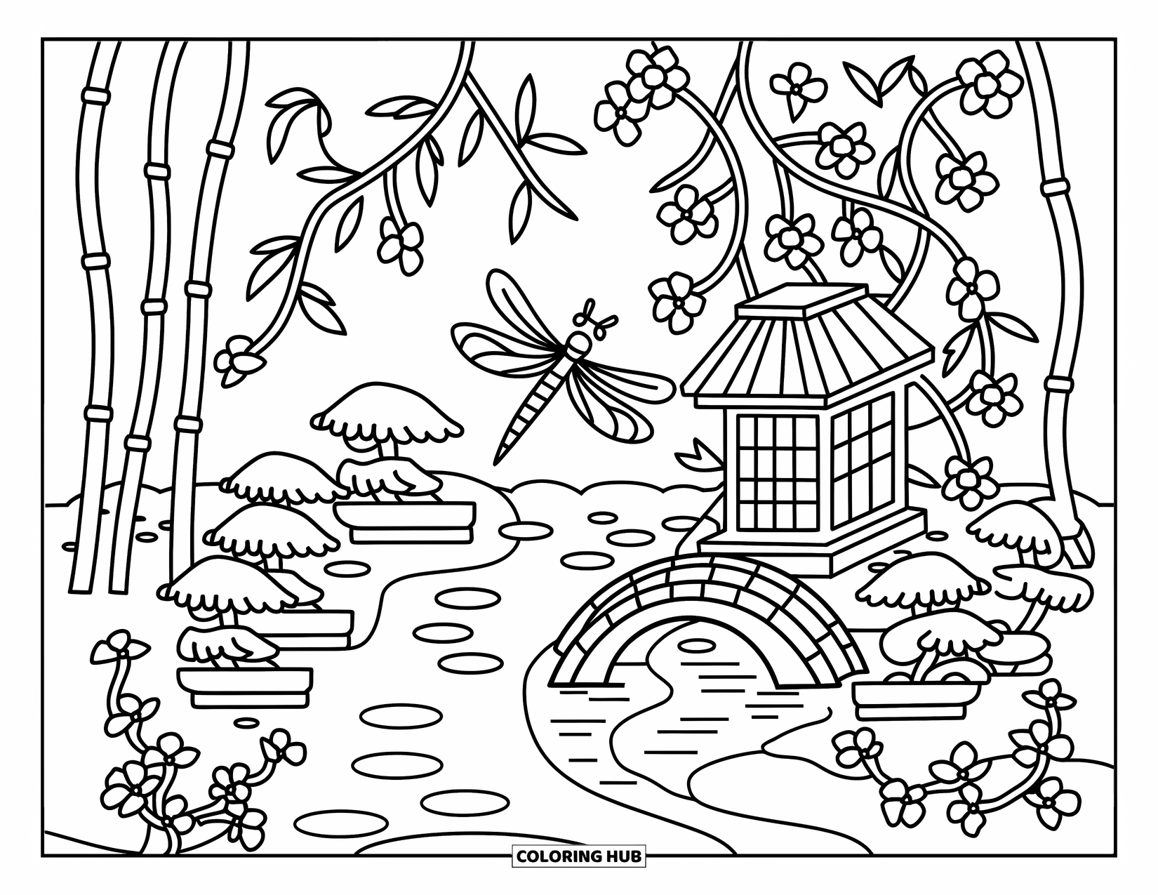 Dragonfly Coloring Page for Adults: A dragonfly hovers near a stone lantern surrounded by blooming camellias and curling vines